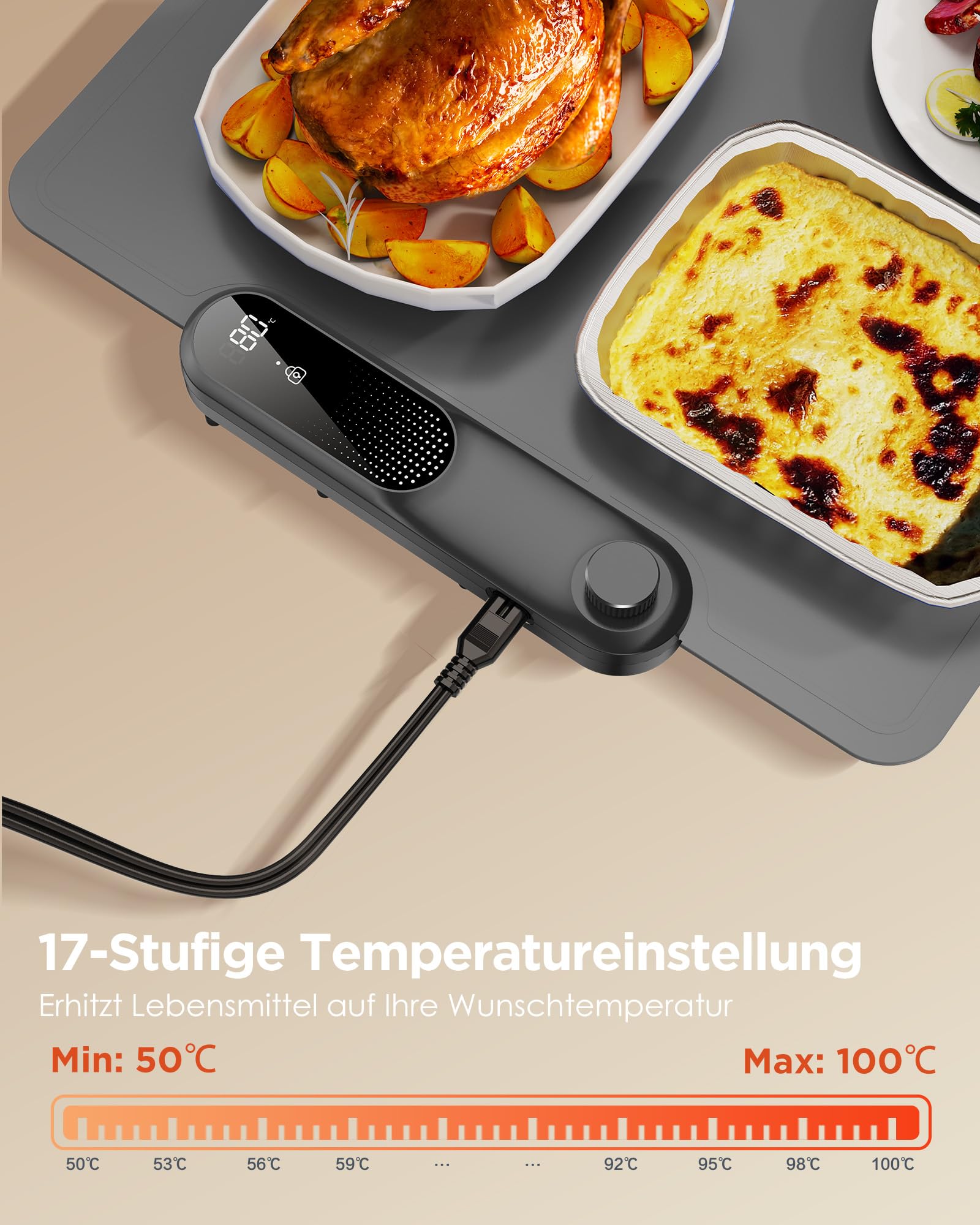 FEPPO Speisen-Wärmematte (XXL 89cm x 40.5cm”), Elektrische Warmhalteplatte für Buffets und Partys, Schnelles Ganzflächen-Heizen für Speisen mit 17-stufig Einstellbarer Temperatur und 6-Stunden-Timer