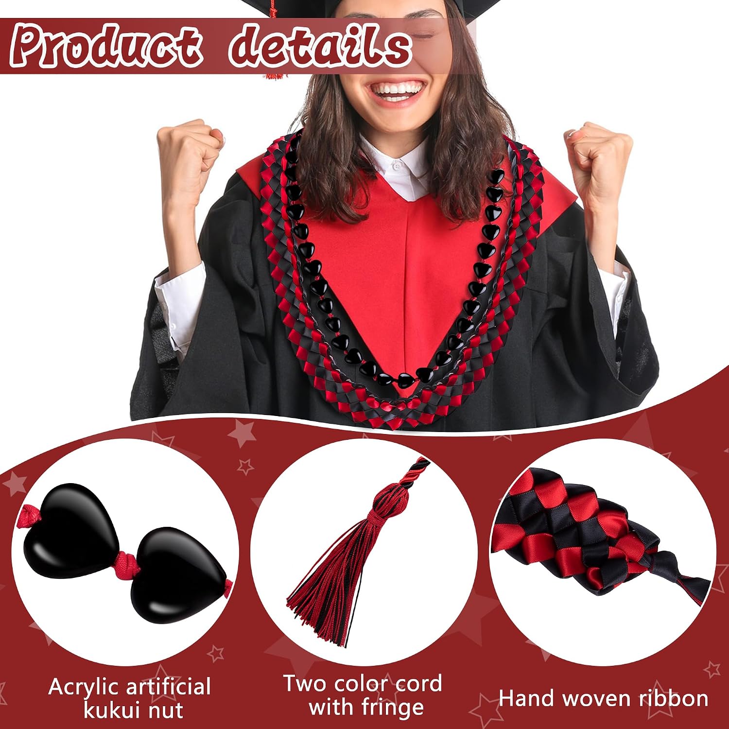 Wehhbtye 3 Pcs Graduation Ribbon and Kukui Nut Leis, Black and Red Honor Cord with Tassels, Graduation Braided Necklace Set for School Graduation Party College Bachelor's Gown Accessories