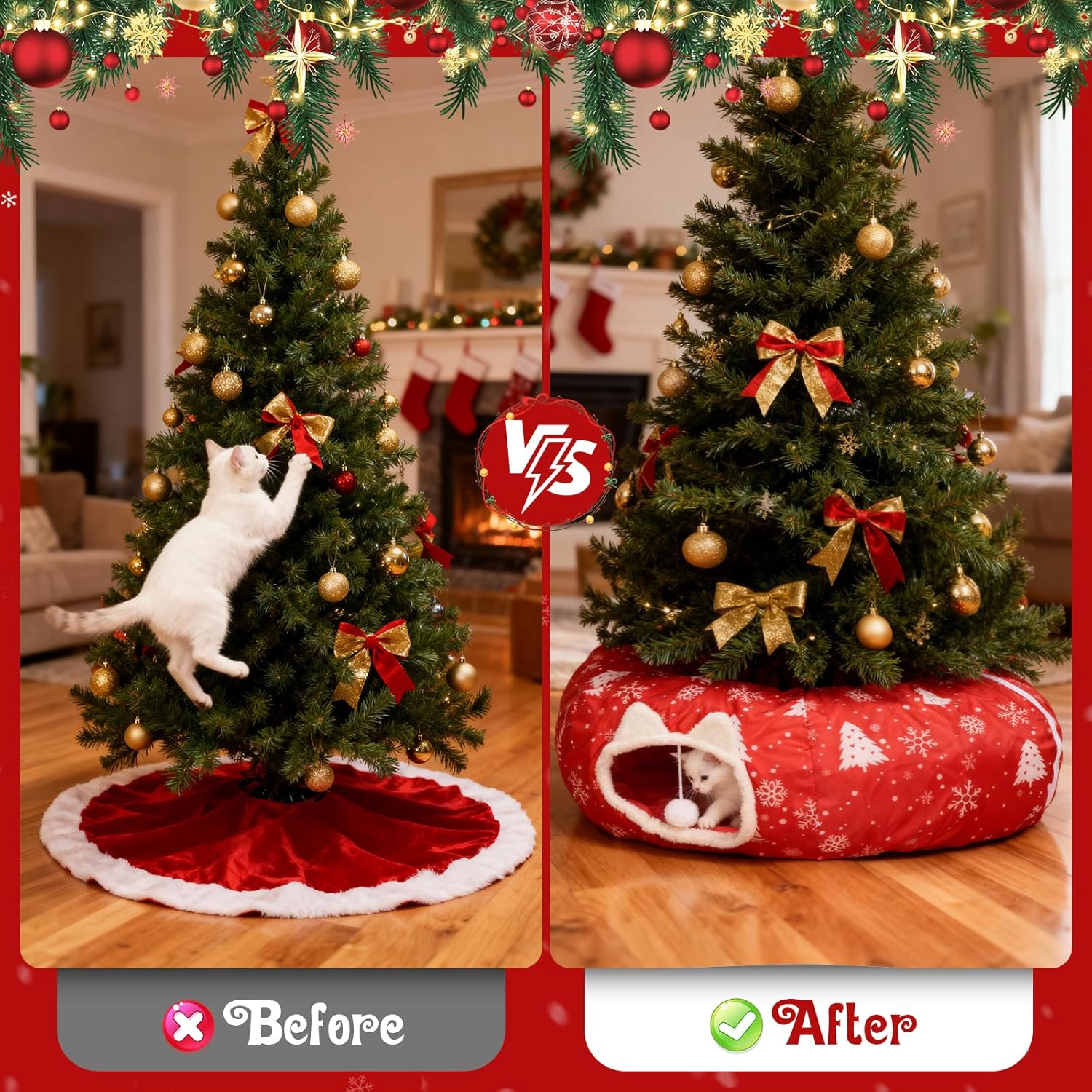 Gray & Red-Snowflake Pattern Cat Tunnel Bed