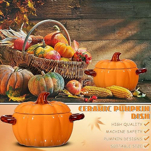 Miniatura 3 de Uiifan 2 cuencos de calabaza de cerámica para cocinar Acción de Gracias, cacerola de 17 onzas, plato de sopa naranja, lindo recipiente seguro para