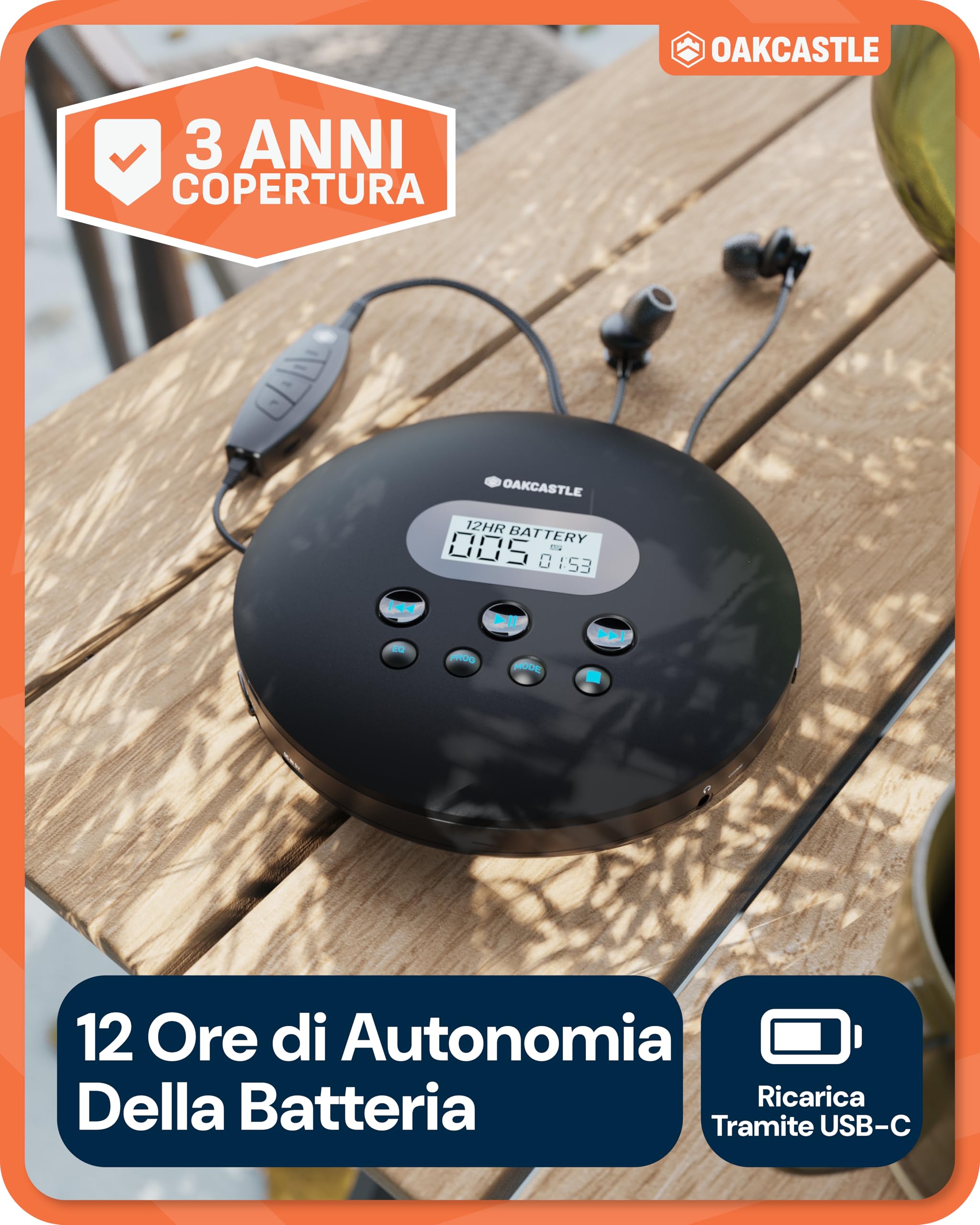 Oakcastle CD100 Lettore CD portatile ricaricabile Bluetooth 5.3, 12 ore riproduzione, anti-salto, USB-C