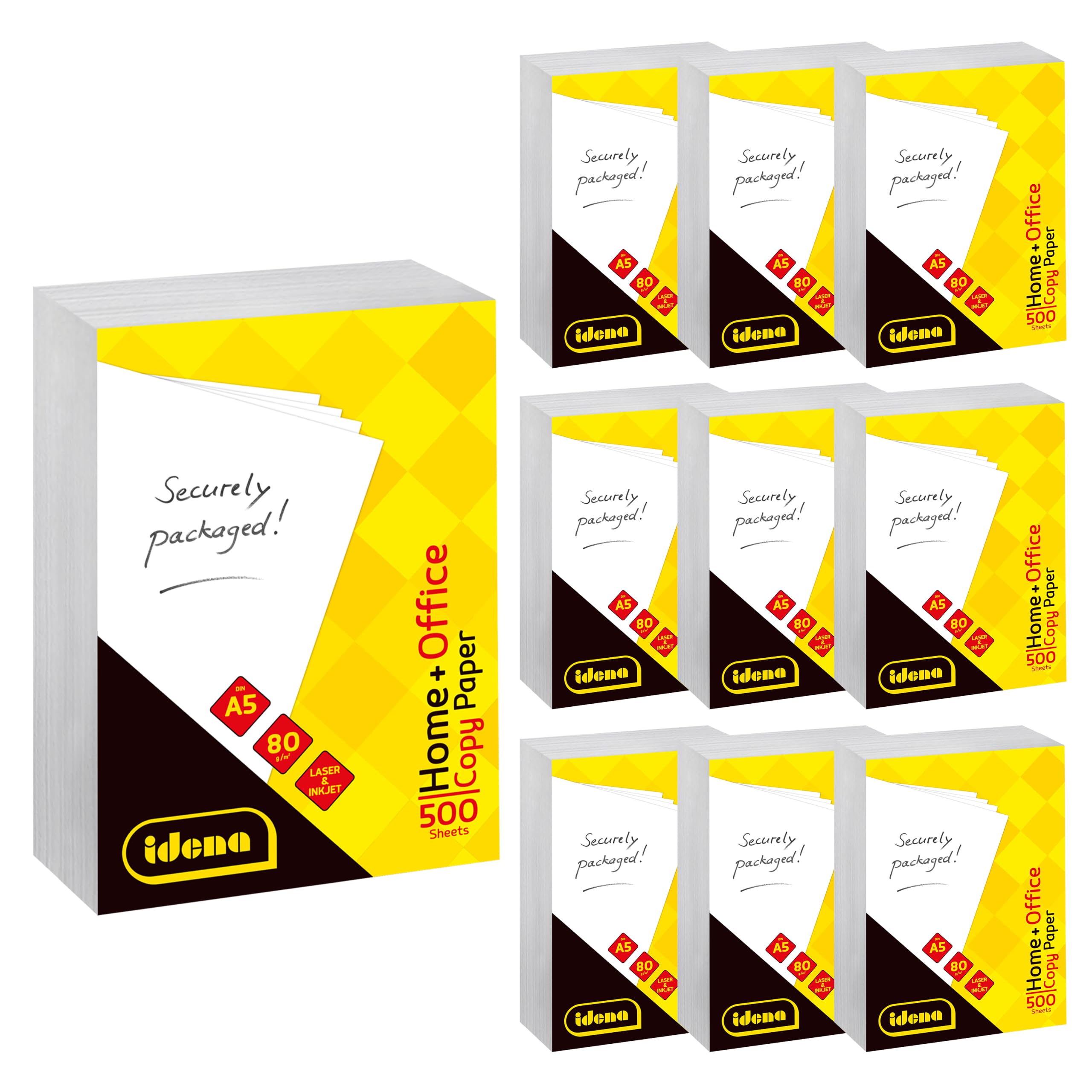 Idena 90951 - Carta per fotocopie DIN A5, 10 confezioni da 500 fogli 80 g/m², carta bianca per stampanti laser e a getto d'inchiostro