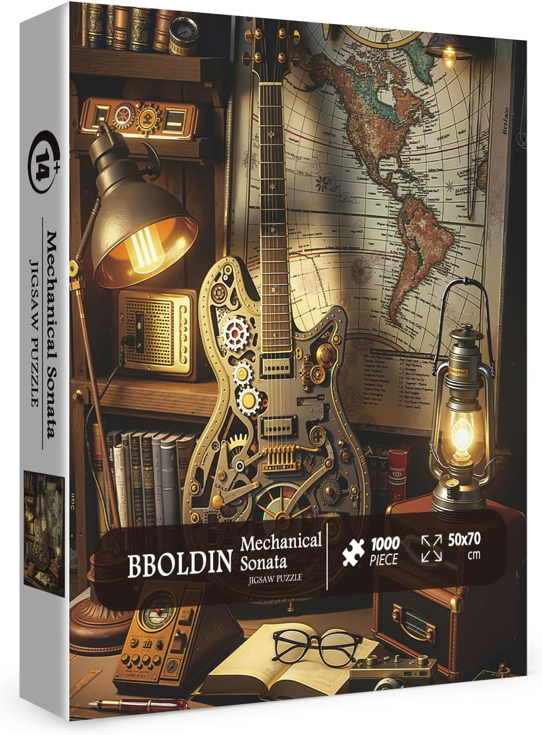 Vintage Guitar Puzzle for Adults 1000 Pieces, Mechanical Art Jigsaw Puzzle, Book Map Music Challenging Puzzle