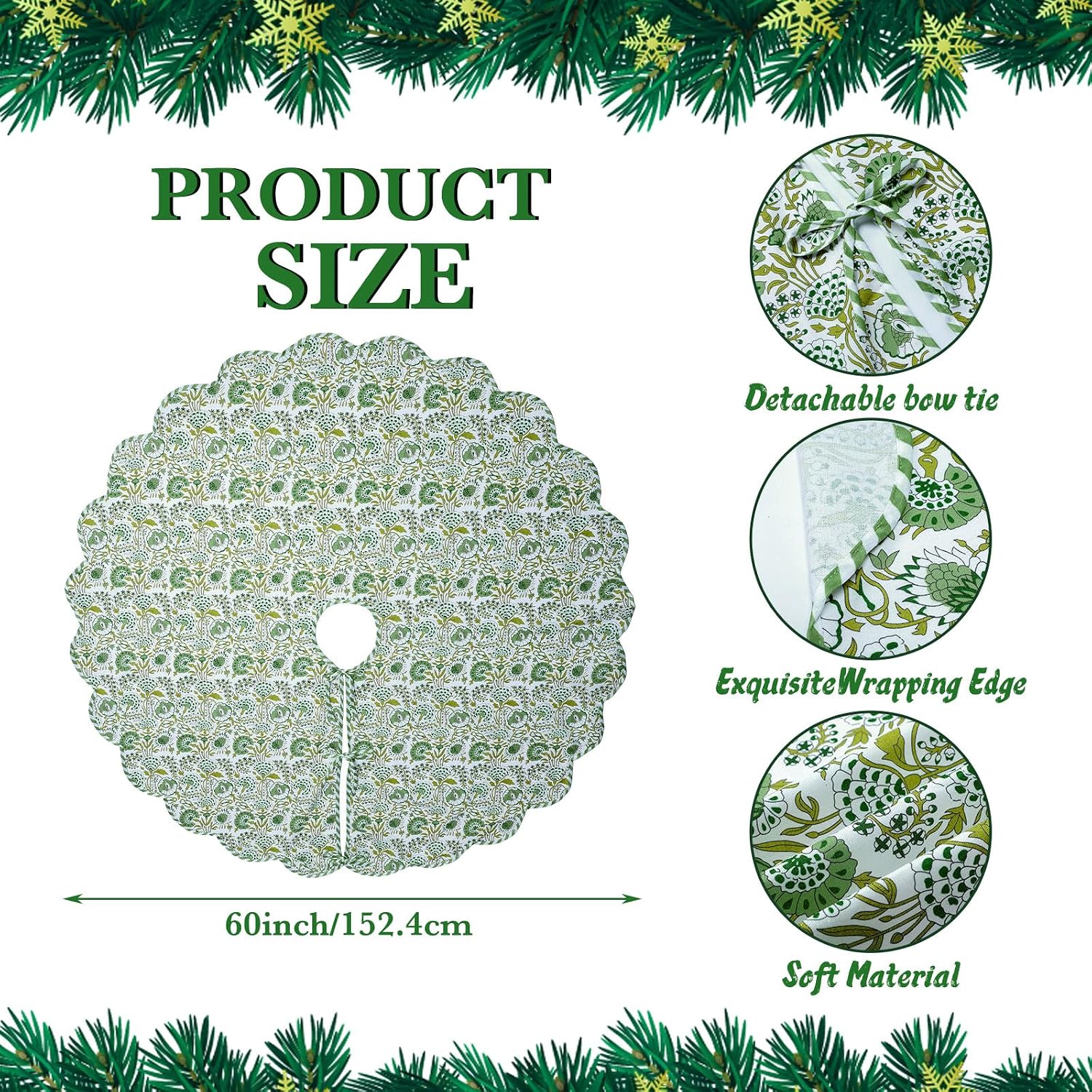 MiniInflat Christmas Tree Skirt Cotton Floral Block Tree Skirt in Nature Color for Home Xmas Party Seasonal Holiday Decoration Indoor Outdoor(60 Inch,Agate Green)
