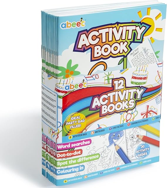 abeec Small Colouring Books for Party Bag - 12 x A6 Activity Books For Party Bag Fillers For Kids - Each of the Mini Notepads Contains Word Searches, Dot To Dot, Spot The Difference And Colouring