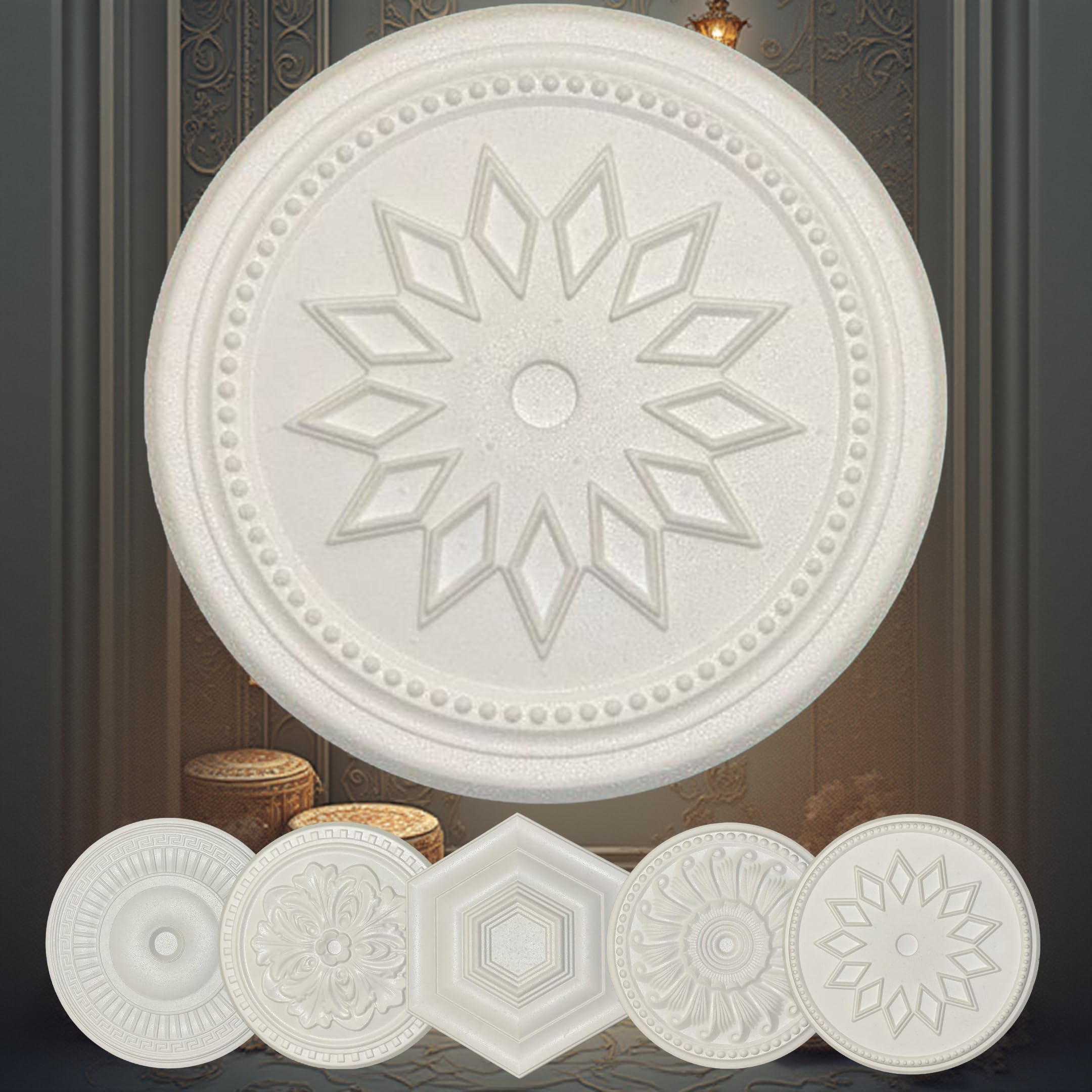 FAST DECOR Elegant Polystyrene Ceiling Rose, Lightweight Coving for Ceilings, Decorative Ceiling Medallion Moulding, Easy to Install Ceiling Decoration for Home & Living Room (Tridecagon 38 cm)