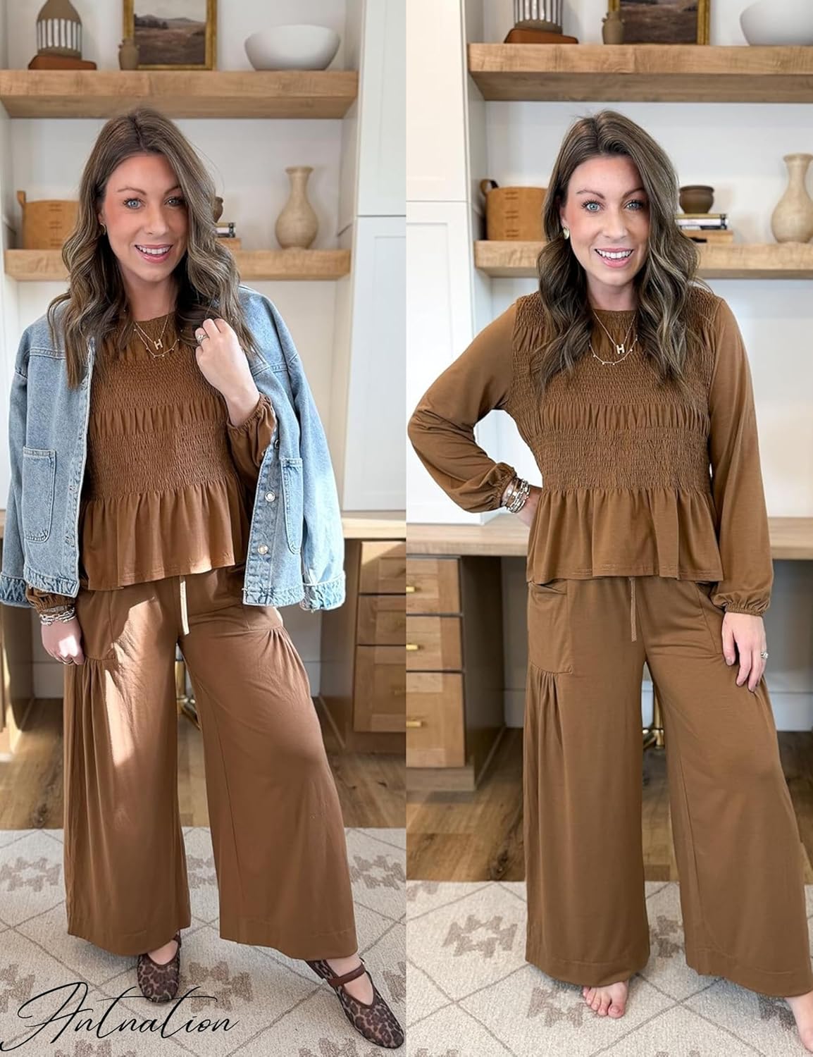 Womens 2-Piece Boho Long Sleeve Smocked Top & Wide Leg Pants Set Casual Lounge Outfit with Pockets - Image 6