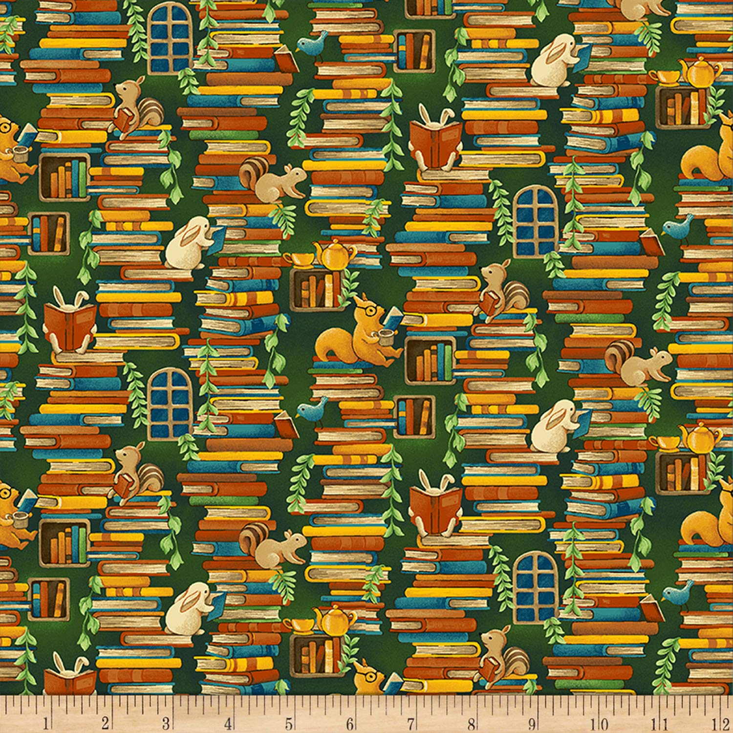 Paintbrush Studios Forest Fables Stacked Books Orange Green, Quilting Fabric by the Yard