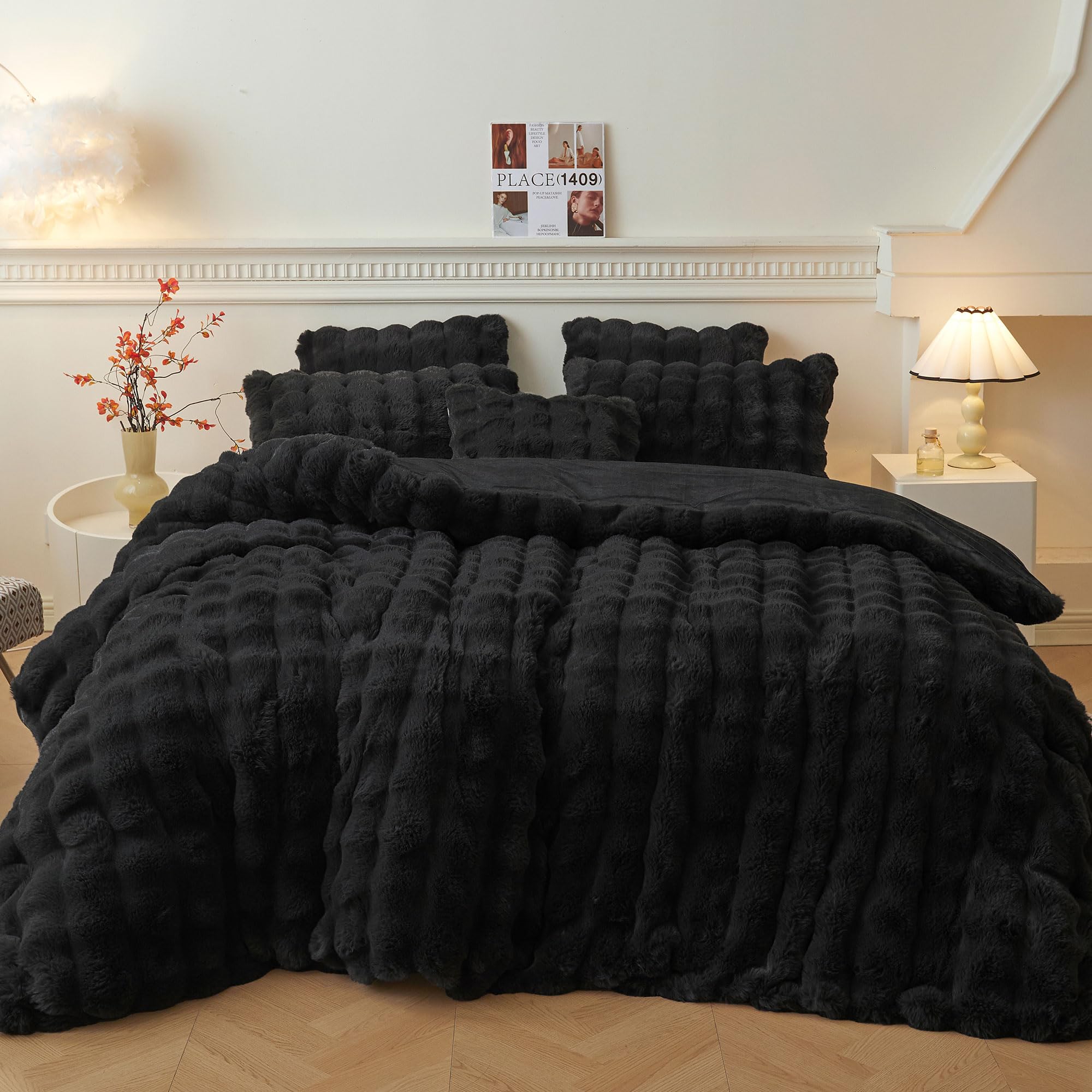 LIFEREVO Luxury Fluffy Faux Rabbit Fur Duvet Cover Set, Soft Plush Shaggy Bubble Bedding Set Home Decoration, 1 Fuzzy Washable Comforter Cover + 2 Furry Pillowcases, Zipper Closure, Black, Queen Size-image-42