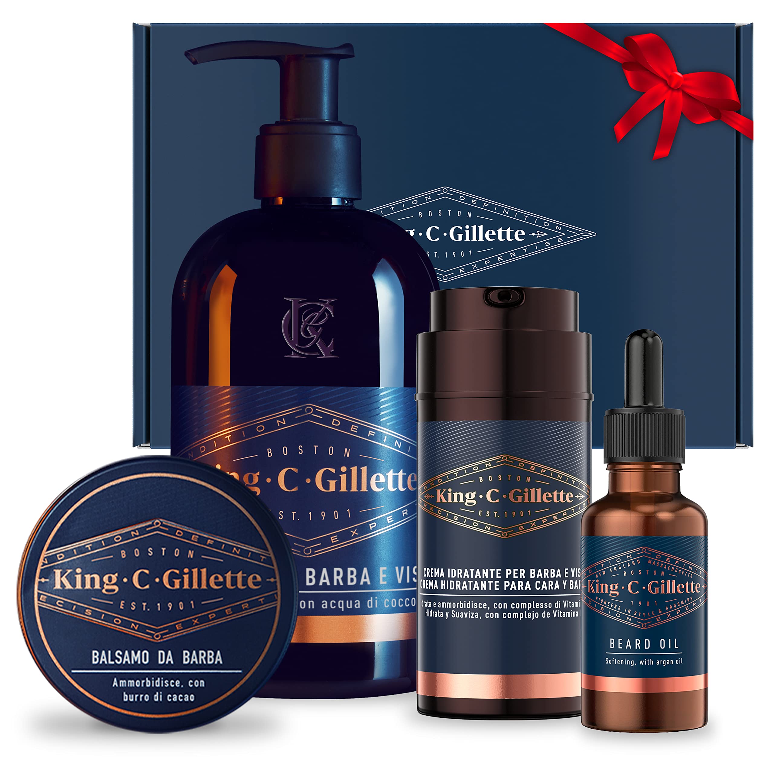 King C. Gillette Komplettes Geschenk-Set, vorherige Verpackung, Gesichtsreiniger für Herren, Bartbalsam, Öl und Feuchtigkeitscreme für Bart und Gesicht, blau, Geschenkidee
