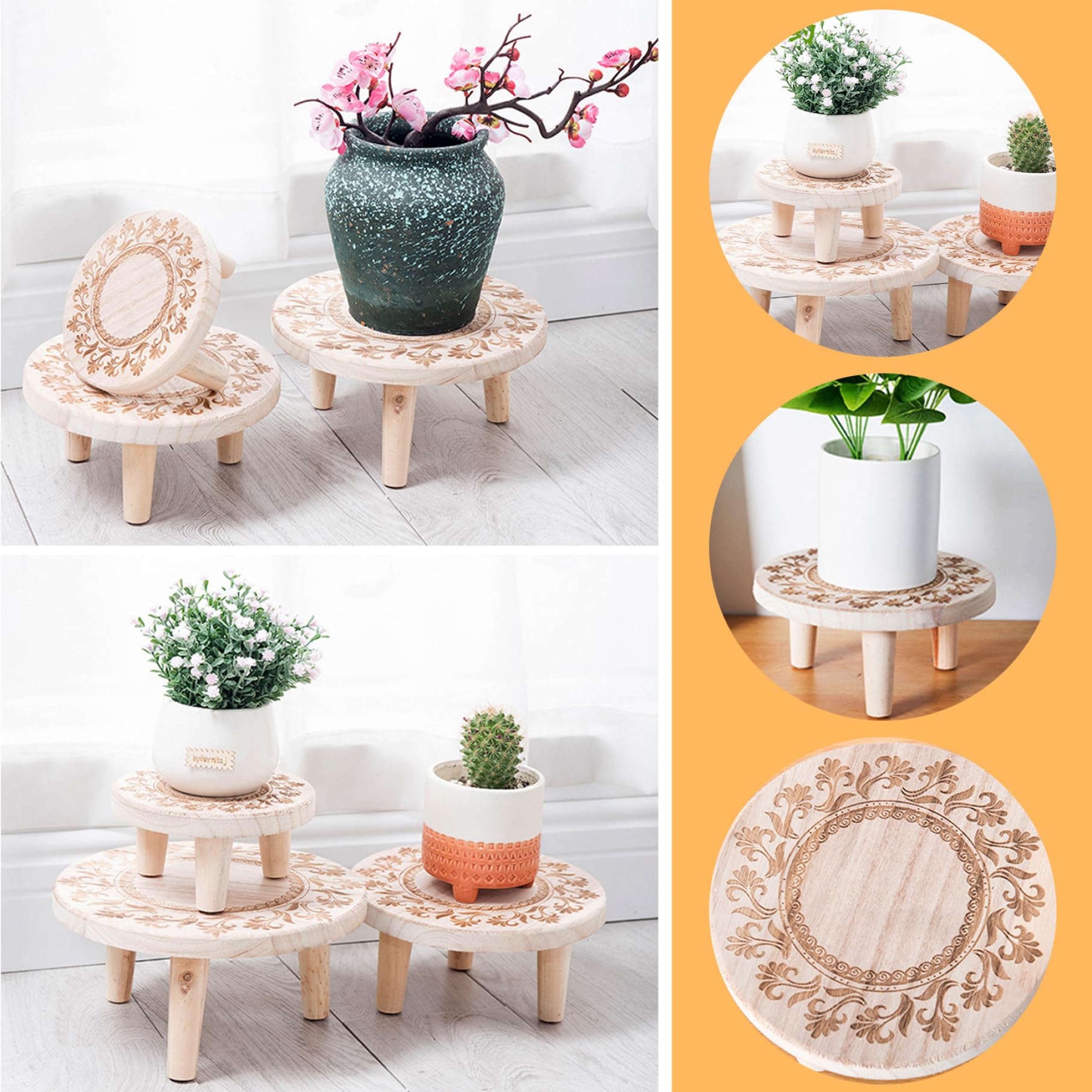 Pflanzenhocker, 8,7x3,9 Runde Pflanzensteiger, Blumenmuster Holzpflanzständer, dekorativer kleiner Holzhocker für Office Home Terrasse Garten m