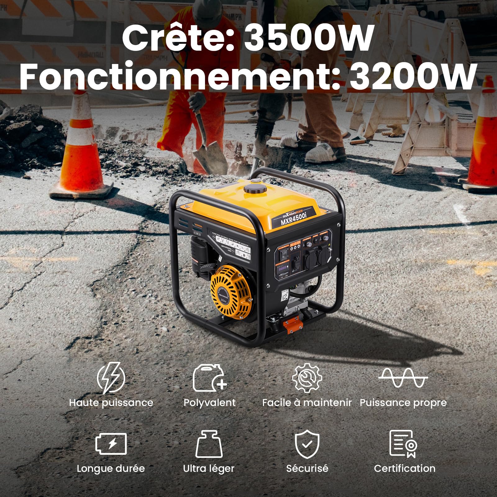 maXpeedingrods 3500W Groupe électrogène à essence 4 temps avec 2 prises 230V et USB Générateur léger et silencieux alimentation de secours pour garage atelier camping maison,26kg léger