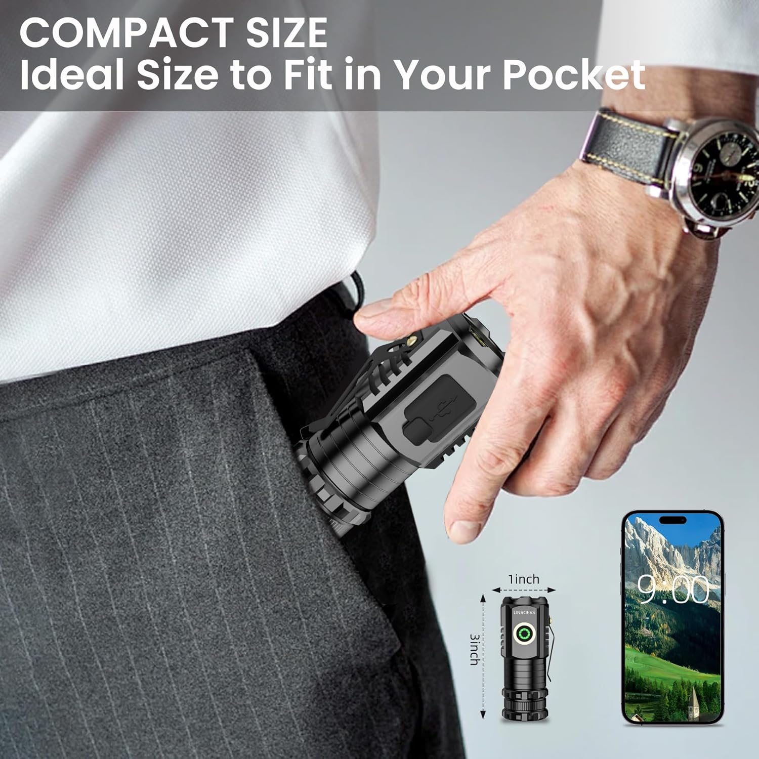 UNROEVS LED Mini Flashlight with Magnet,Super Bright Small Pocket Flashlight,5 Modes USB C Rechargeable, IPX6 Magnetic Flashlight for EDC Camping Outdoor.