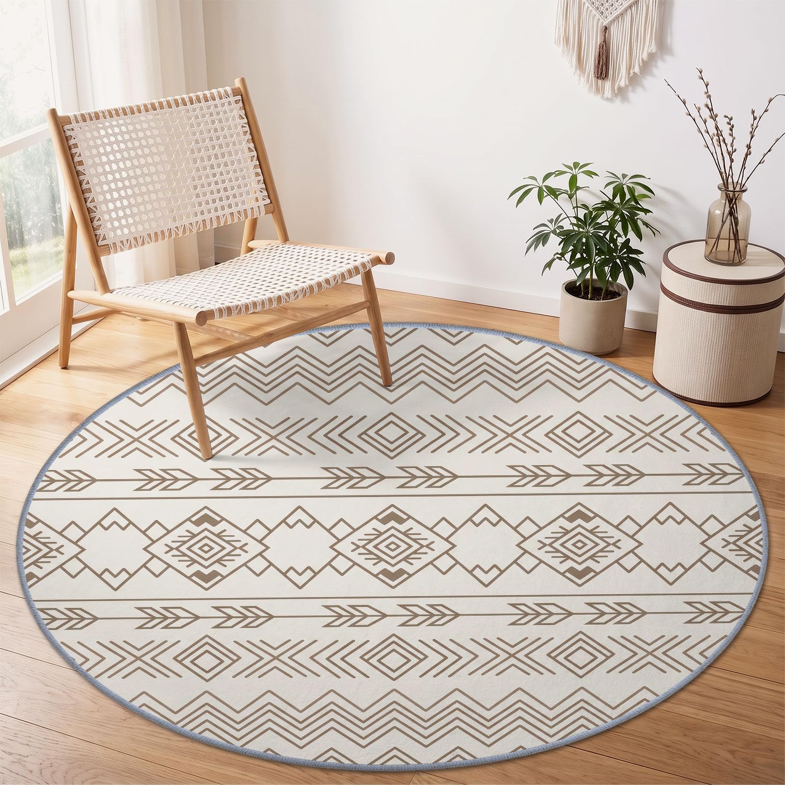 Okrągły dywan 180 cm styl boho geometryczne paski można prać, kremowy