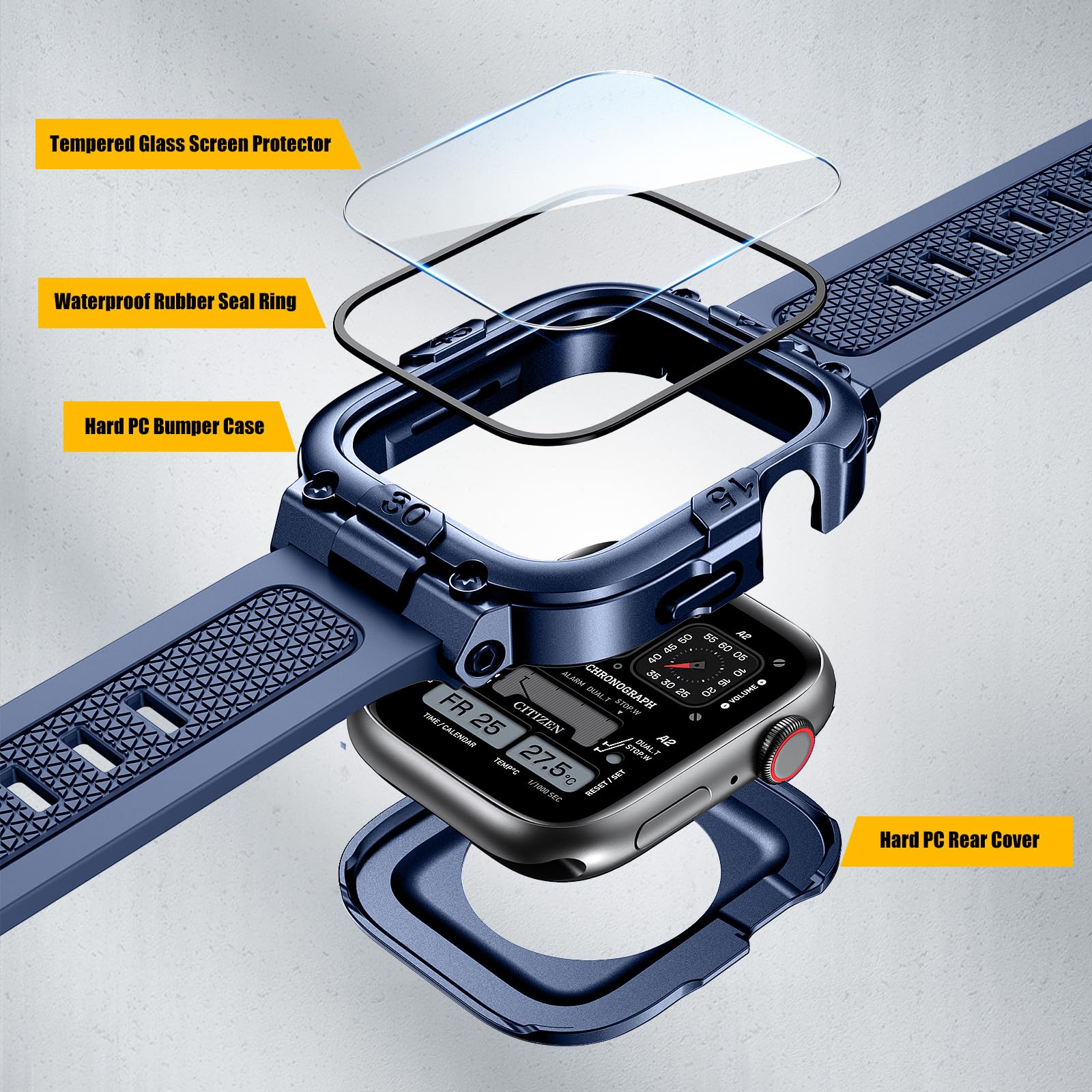 Dsytom Custodia impermeabile con cinturino compatibile con Apple Watch Band 45 mm, 44 mm, 41 mm, 40 mm, per uomo, robusto cinturino per smartwatch con pellicola protettiva in vetro temperato integrata