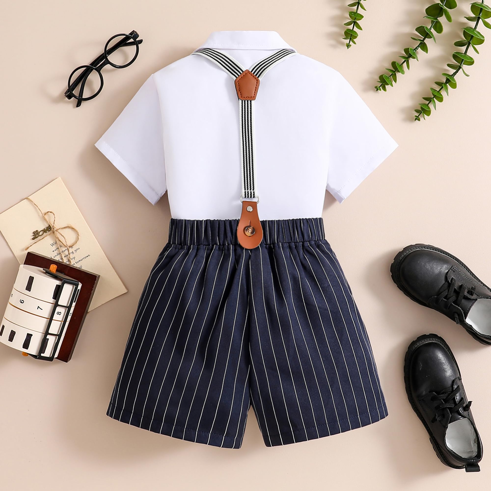 LIUNLU Baby Boy Formal Outfit 5Y Kids Formal Suit Summer Short Sleeve Shirt+Bowtie+ Suspender Shorts Gentleman Outfit Clothing Set