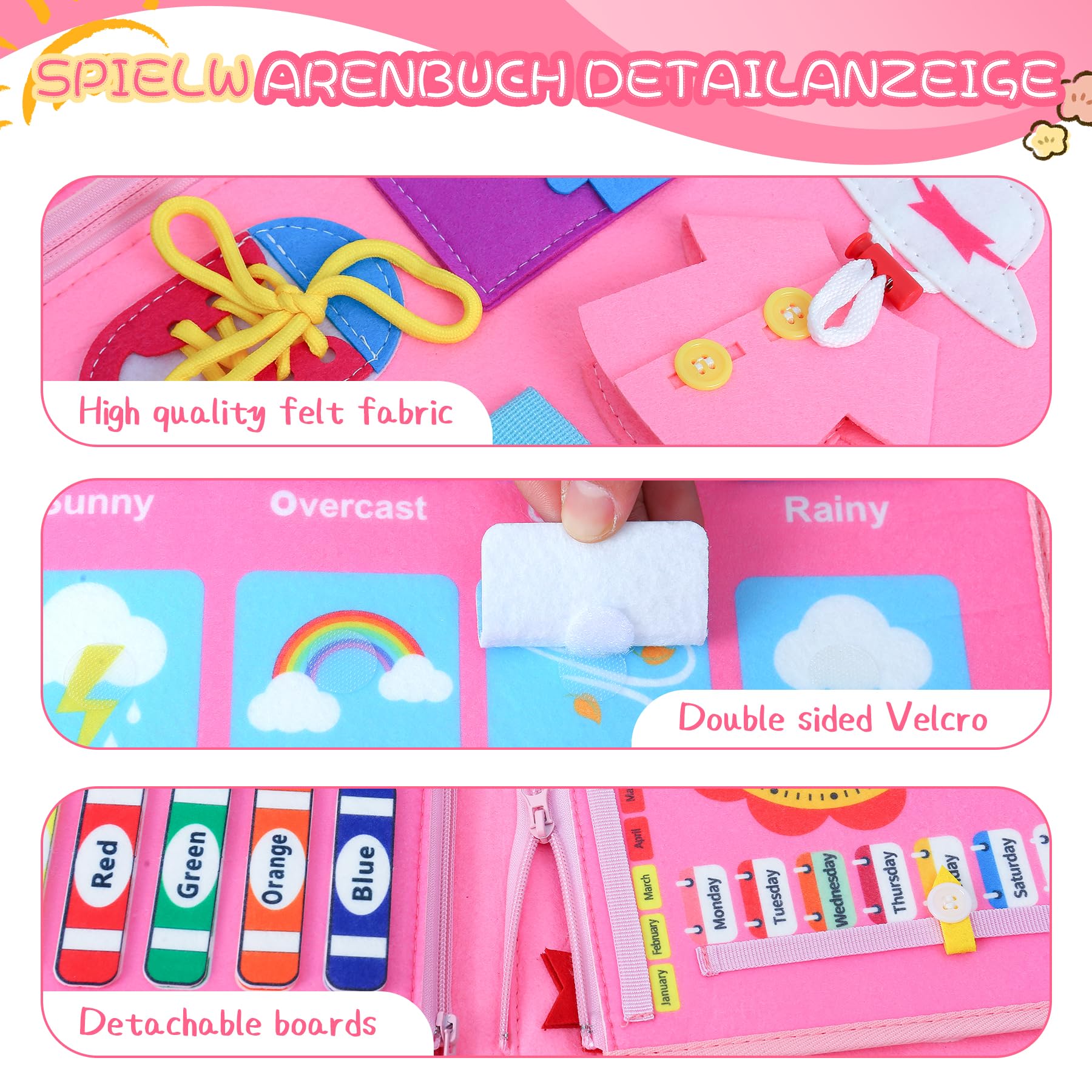 Busy Board Giochi Montessori 1 Anno - Libro Montessori Interattivo in Feltro, Pannello Sensoriale Educativo per Bambini - Giochi Bambini 2 Anni, Regalo Bimbo Bimba Compleanno (rosa)