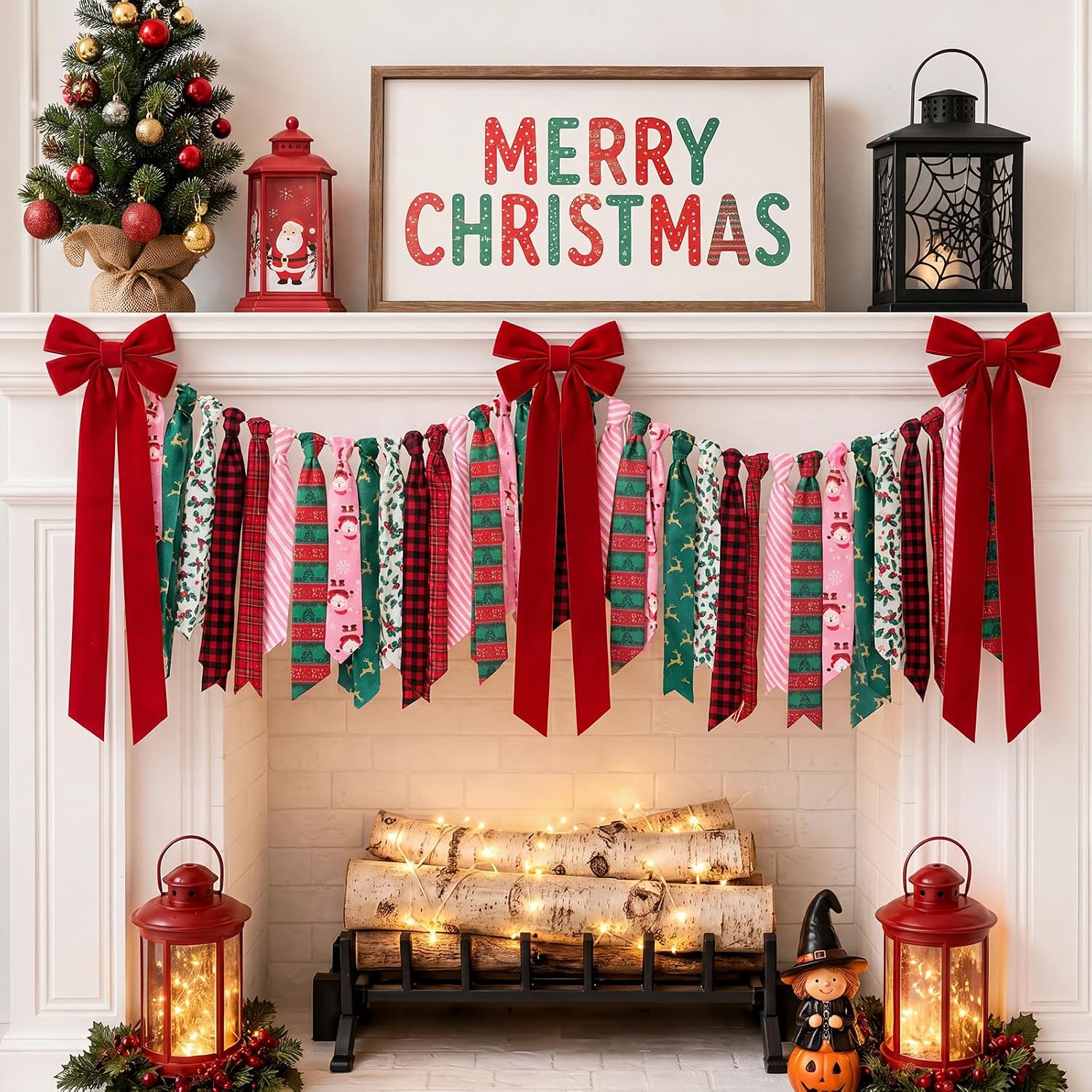 Fanfanwin 8.2 ft Fall Tassel Garland Banner Decor 3 Velvet Bows Mantel