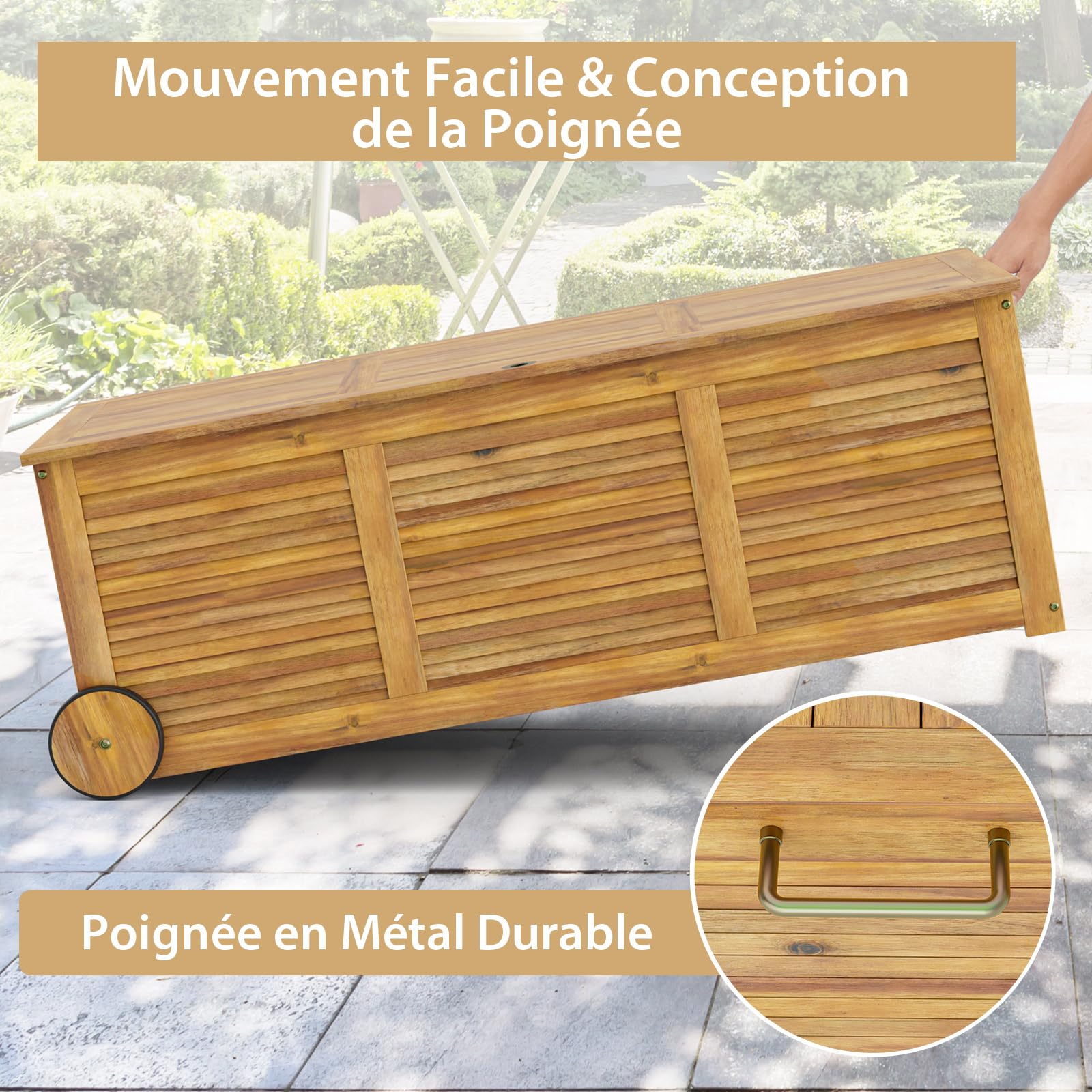 GOPLUS Coffre de Jardin Extérieur 182L Roulant en Bois d'Acacia à 2 Roues, Poignée Latérale, Housse Etanche, pour Coussins,Couvertures,Naturel