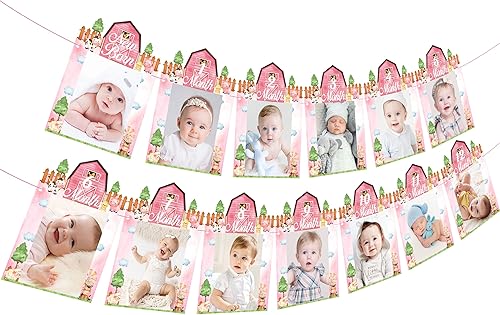 Miniatura 2 de Cartel de fotos de 1er cumpleaños de animales de granja, rosa para niñas, temática de granja, recién nacido a 12 meses, cartel fotográfico para bebé