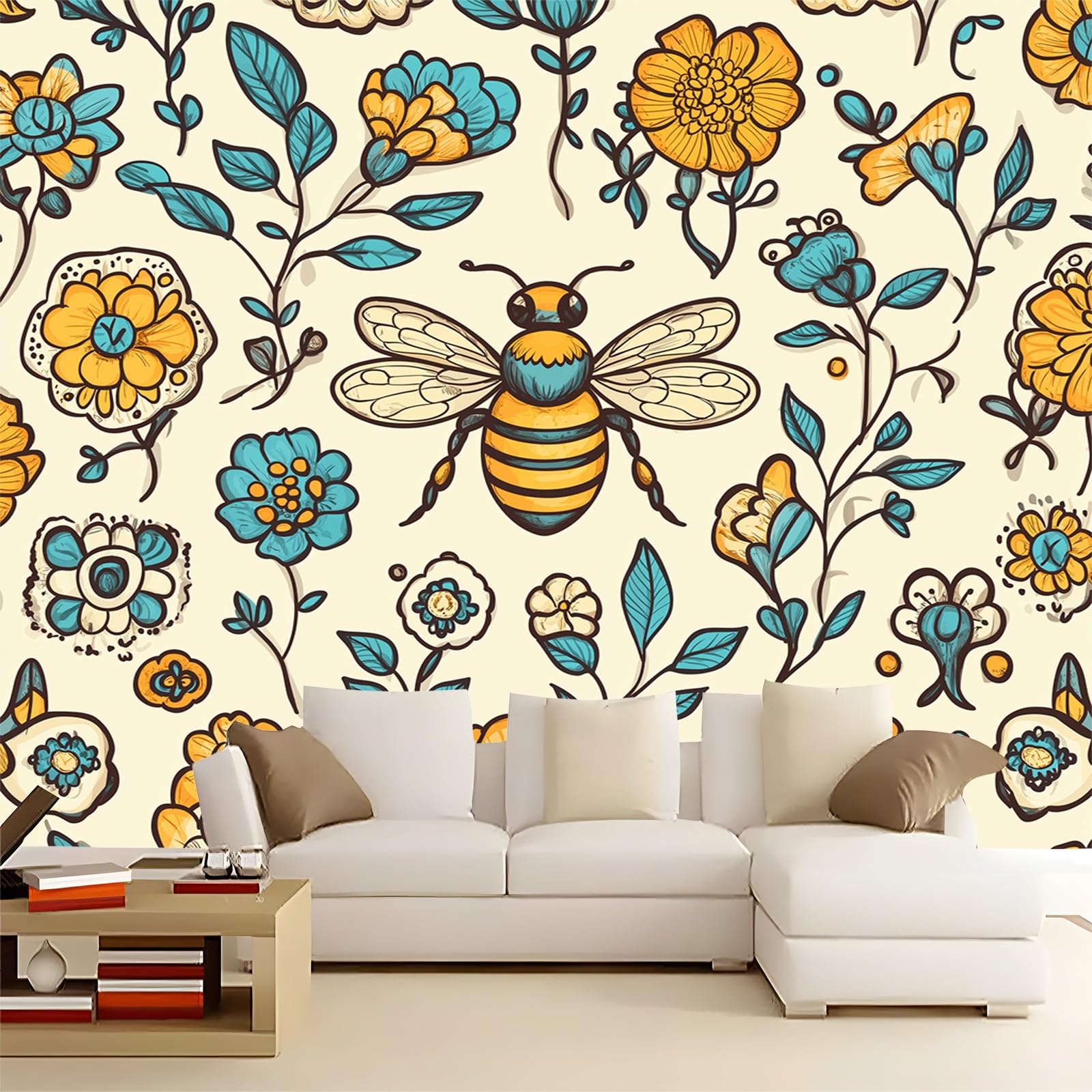 Tapeta 300 x 210 cm pszczoła z kreskówek ręcznie malowane kwiaty żółte tapety na malowidła ścienne sypialnia salon