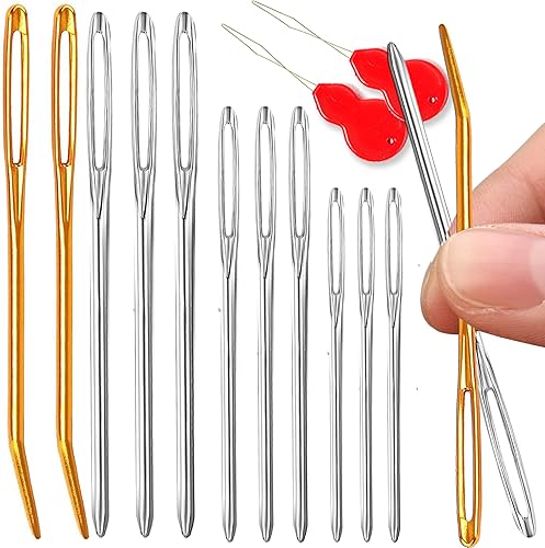 Pikdmin Kit de 11 agujas de coser grandes de acero inoxidable, agujas romas de ojo grande y agujas de tapiz dobladas para tapiz, lana de coser,