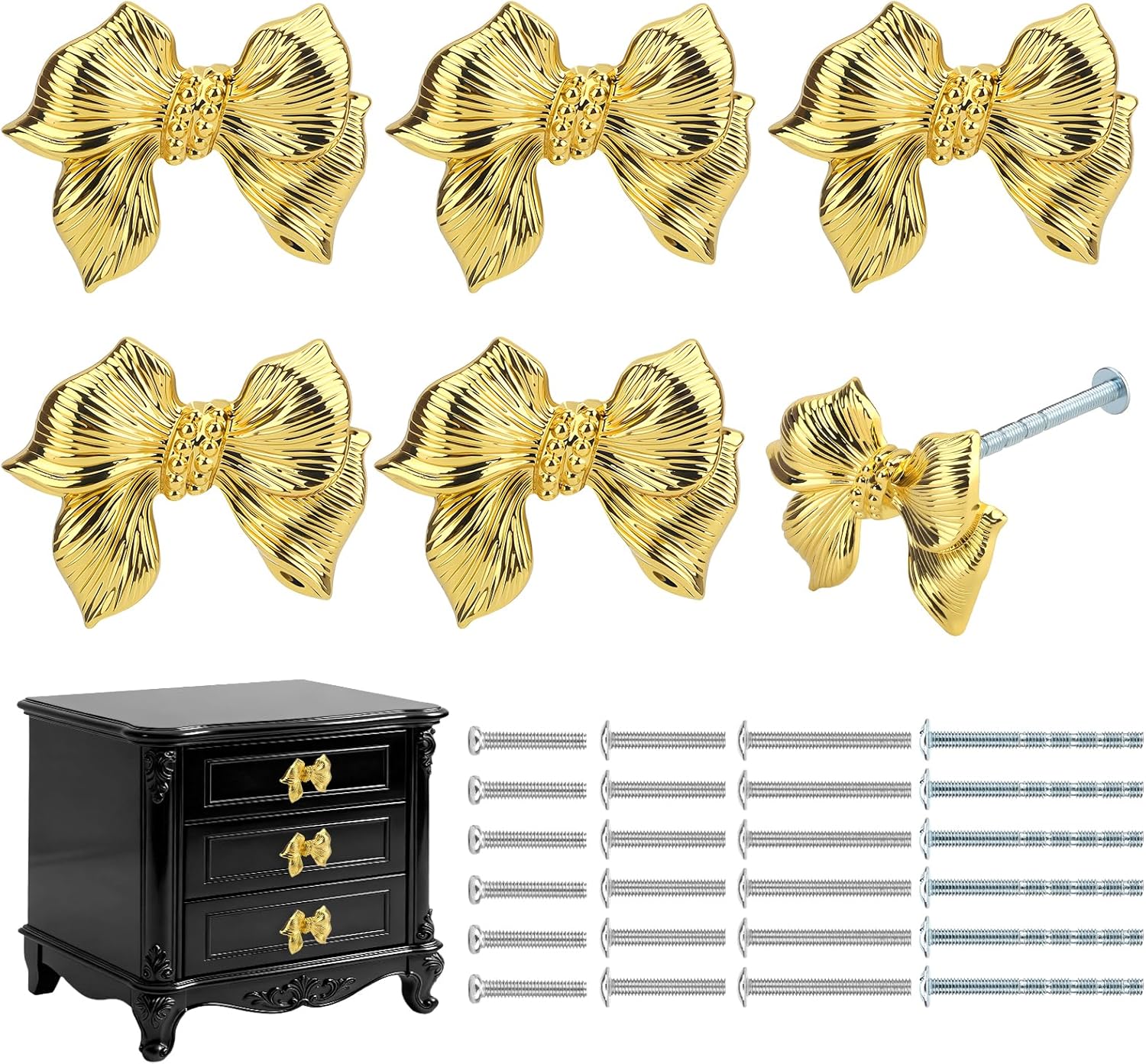 6 Pack Bow Dresser Knobs Cute Drawer Knobs Zinc Alloy Brushed Hardware Handles Pulls Vintage Cupboard Drawer Knob for Kitchen Cabinets Home Bedroom (A-Rose Gold)