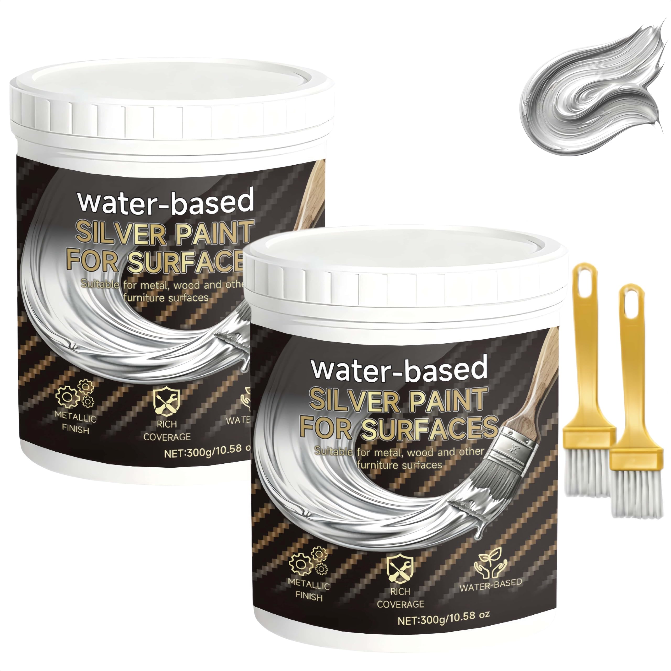 Pintura plateada a base de agua para metal, madera y piedra; revestimiento multisuperficie para muebles y decoración; pintura de cobertura suave para proyectos de renovación (DIY), 300 g (2Piezas)