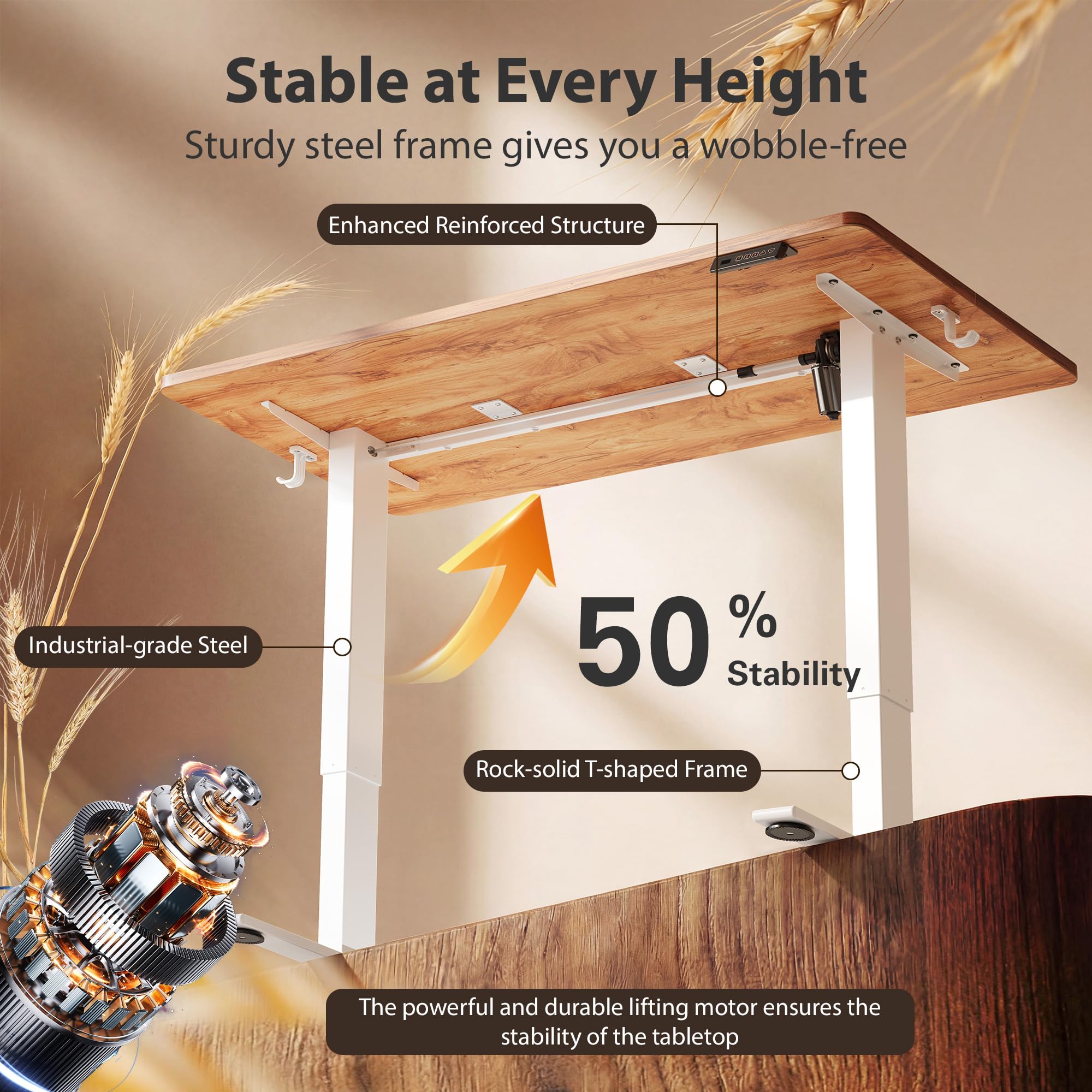 Cubiker Standing Desk, 55x28 Inches Sit Stand Home Office Desk, Electric Stand up Desk, Adjustable Desk with Splice Board, White Frame/Light Rustic Top view 5