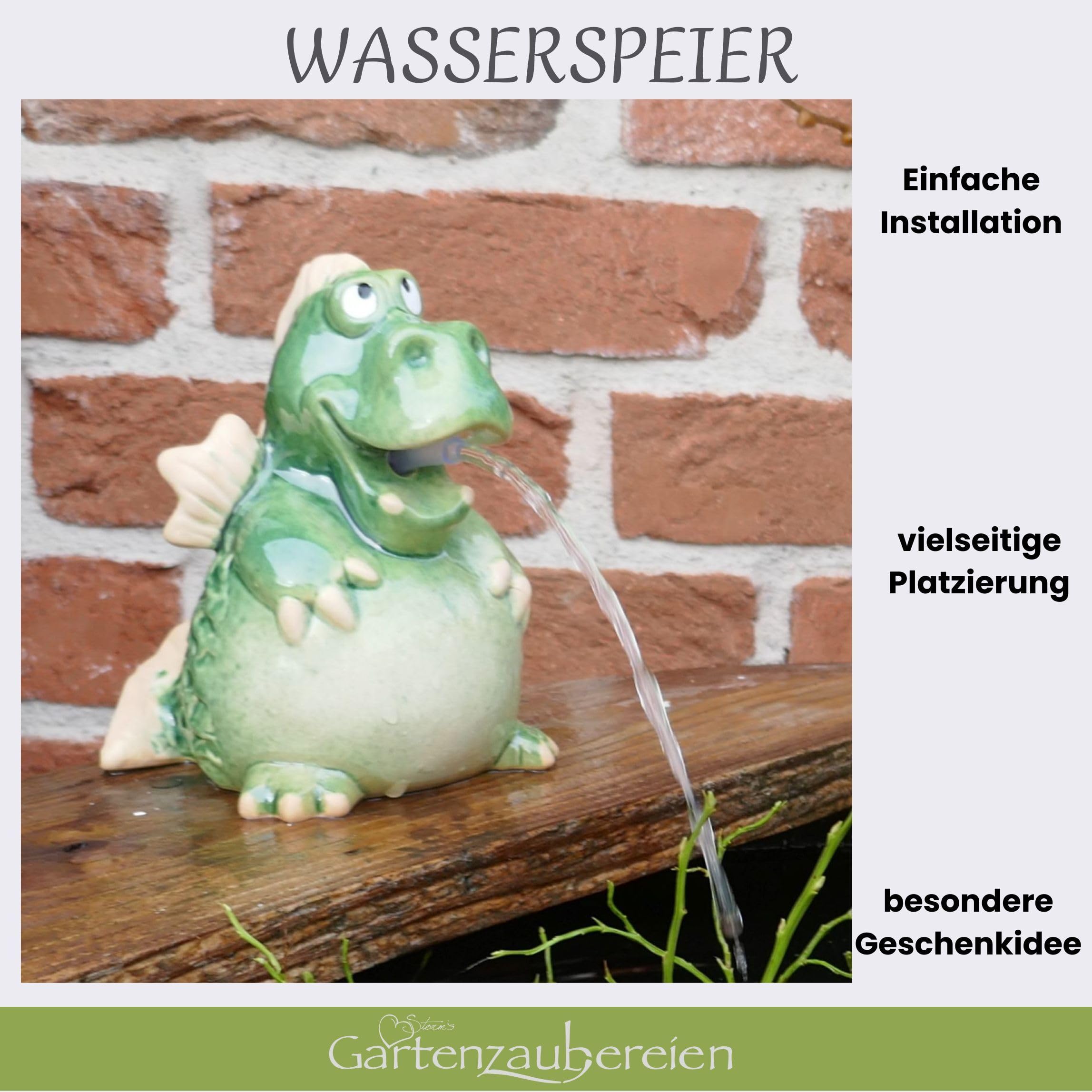 Storm's Gartenzaubereien Wasserspeier Drache mit Solarpumpe - Gartendeko für Miniteich -Teich - Wetterfest lasiert - Einfache Montage - Tierfigur Gartenteich - Teichskulptur