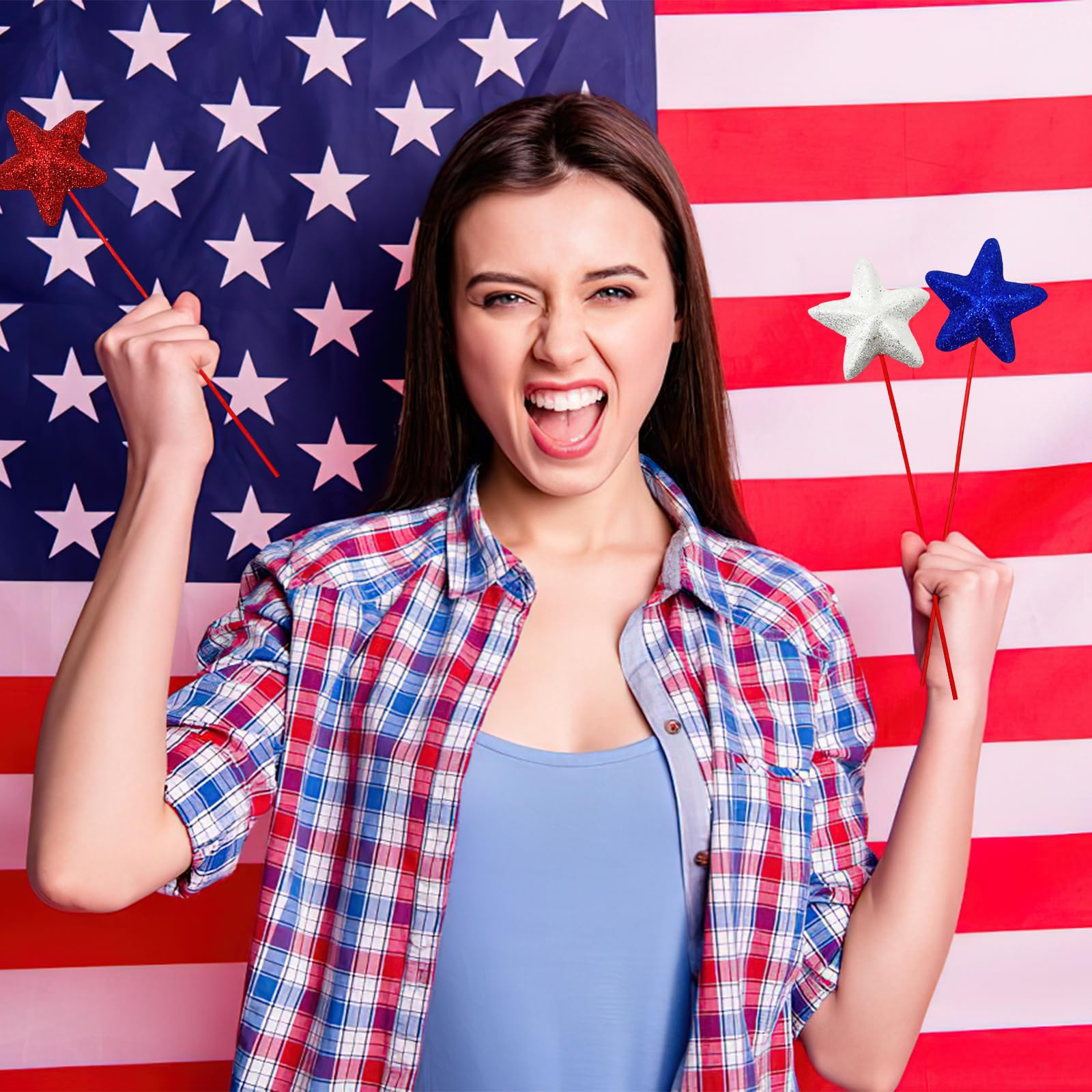 12 Pcs 4th of July Red White Blue Glitter Puffy Star Picks Foam Sparkly Sticks Floral Arranging Supplies for Memorial Day National Day Independence Day Party Table Centerpieces Decoration