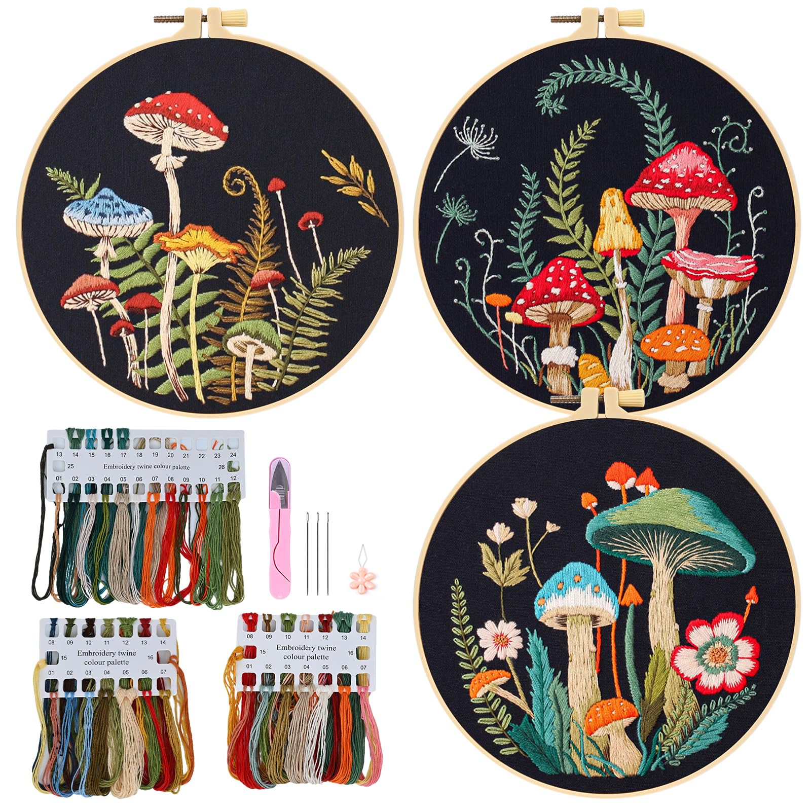 QEEYON Embroidery Kit with 3 Mushroom Patterns Fabric, Embroidery Starter Kit Adults, DIY Arts Stitch Craft Set with 3 Hoops, Fabric, Thread & Needles,Video Tutorial Instruction, 30 x 30 cm