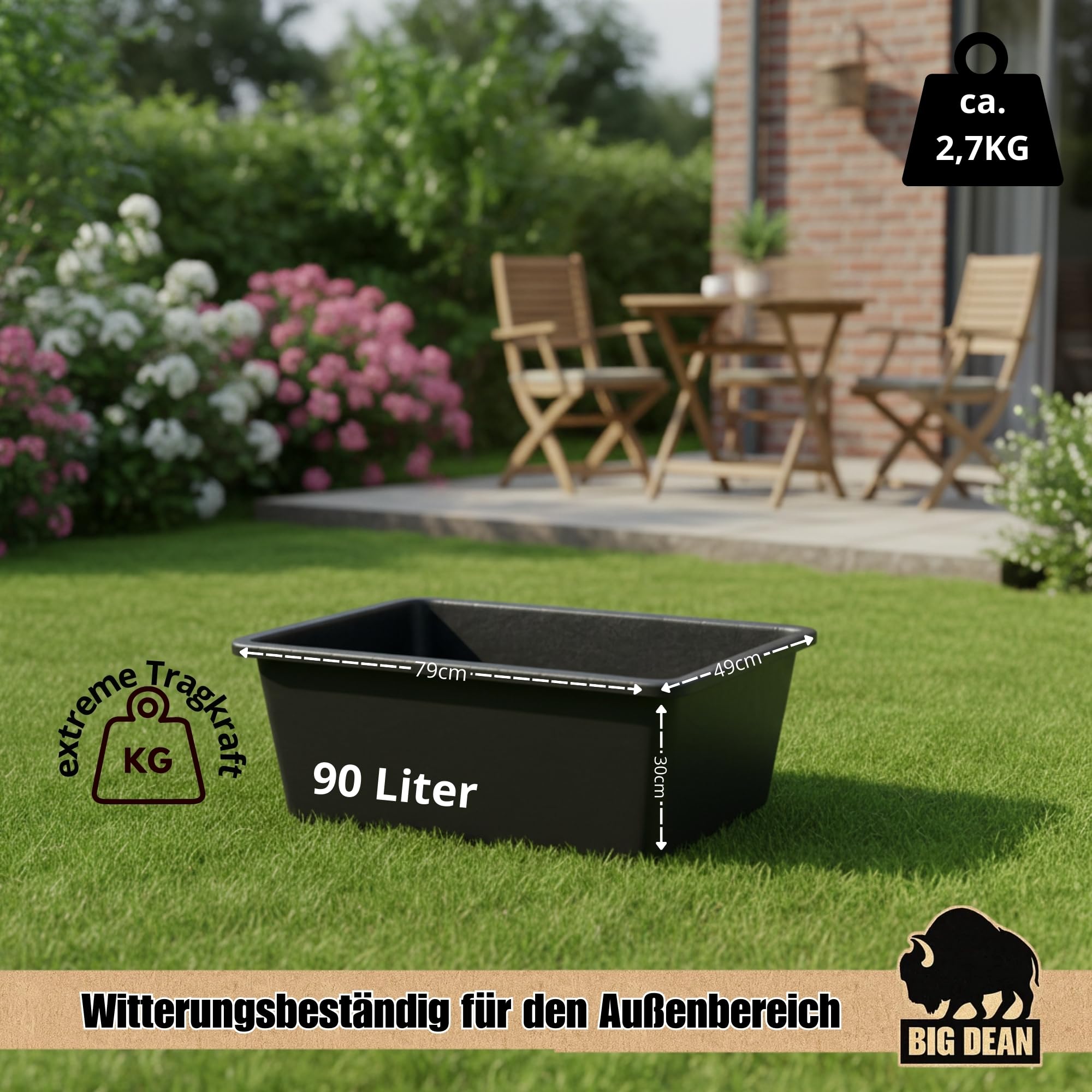 BigDean Bac à mortier rectangulaire stable de 90 l, fabriqué en Europe