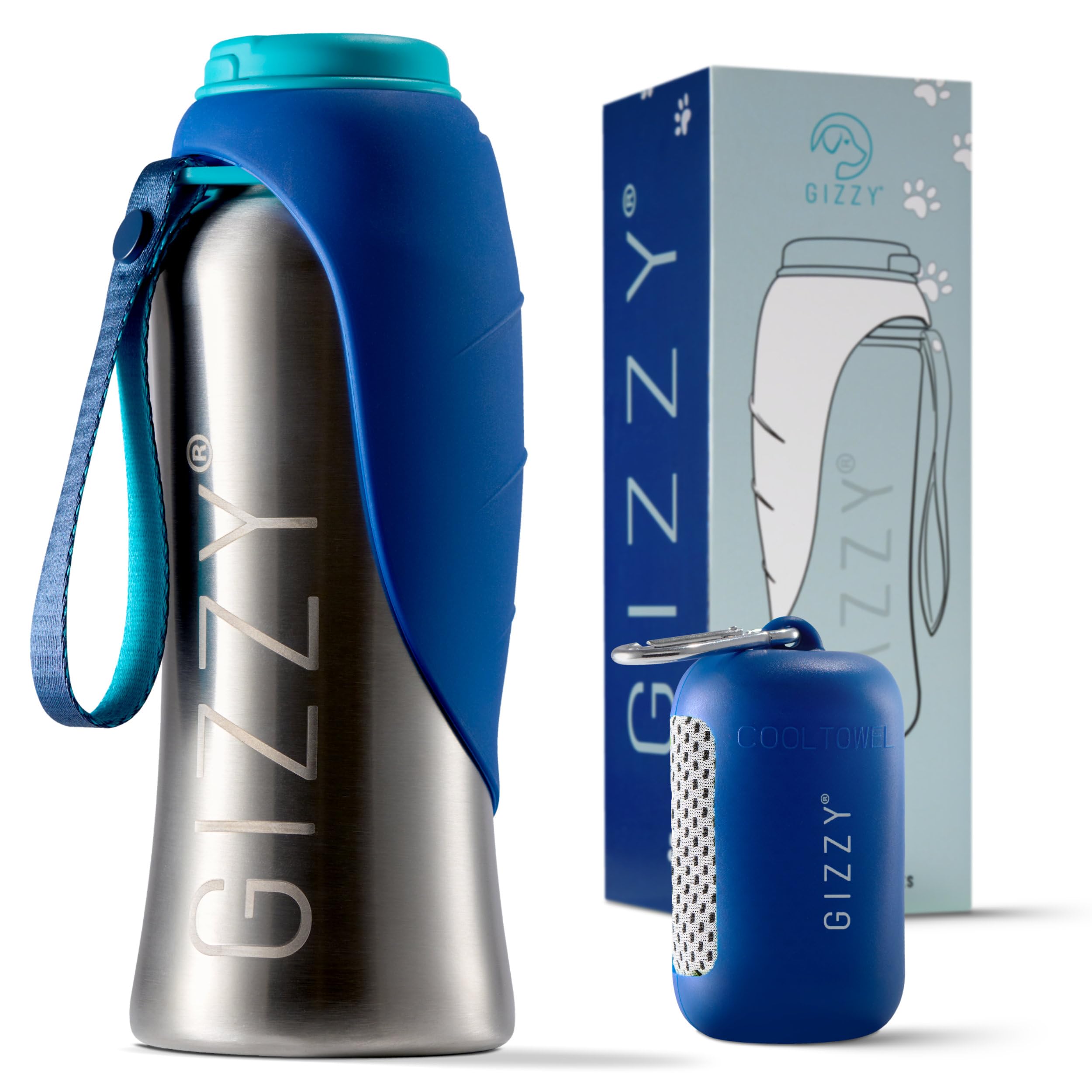 GIZZY® Gourde pour chien pour les déplacements, anti-fuite et robuste, en acier inoxydable, disponible en 2 tailles, avec serviette douce pour chien, gourde pour chien pour les déplacements pour tous