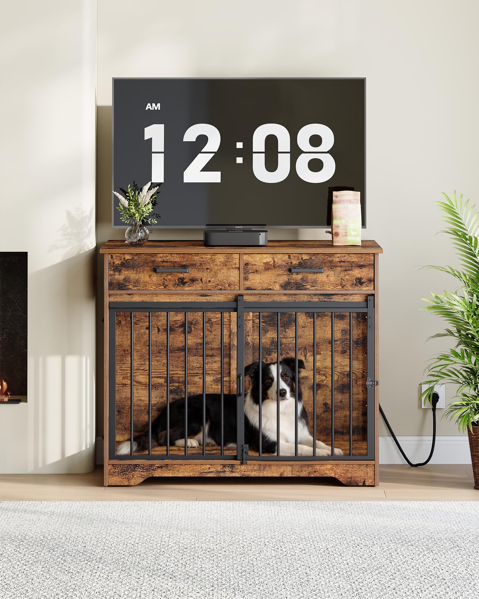 Hzuaneri Mueble Jaula para Perros de Interior con Regleta y 2 Cajones, Jaula de Madera con Puertas Correderas de Granero, 3 Puertas para Perros Medianos y Grandes 97x56x81 cm Marrón DFC90301BEU