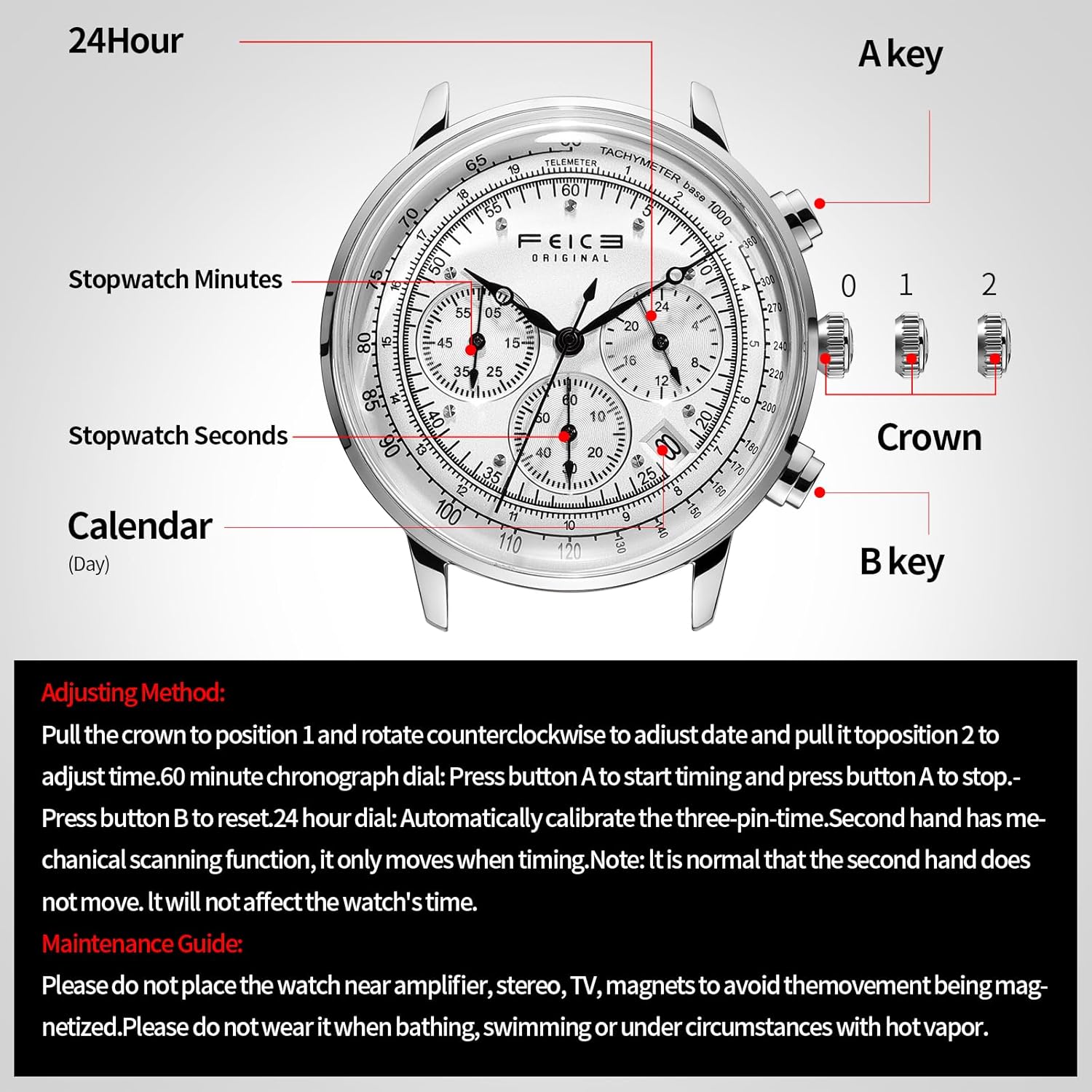 FEICE Men's Bauhaus Wrist Watch with Japanese Quartz Movement Leather Band Waterproof Chronograph Date Multifuntion Display Classic Watches for Men - Image 6