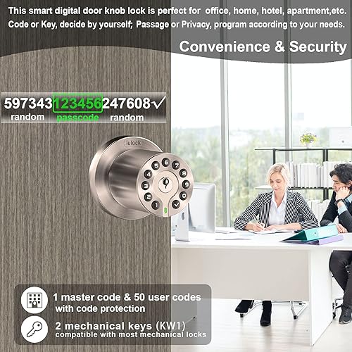 Miniatura 3 de Pomo electrónico impermeable para puerta con teclado y llave, bloqueo automático, níquel satinado, 50 códigos, fácil de usar e instalar para