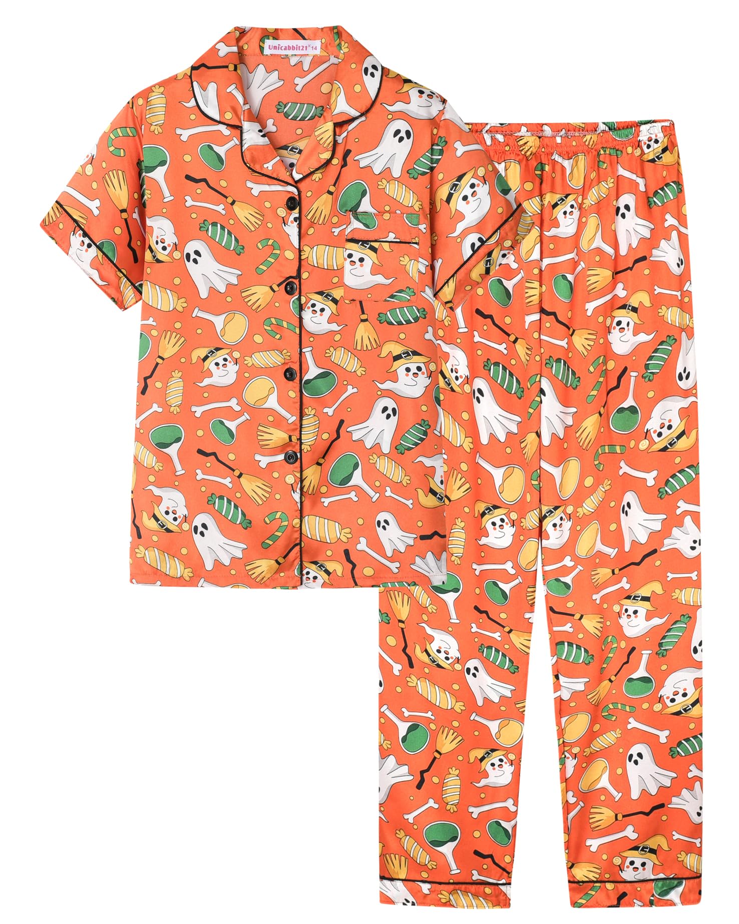 UNICABBIT21 Orange Ghosts Halloween Satin Pajamas for Big Girls Silk Button Down Short Sleeve & Pants PJS 2PCS Size 8-16