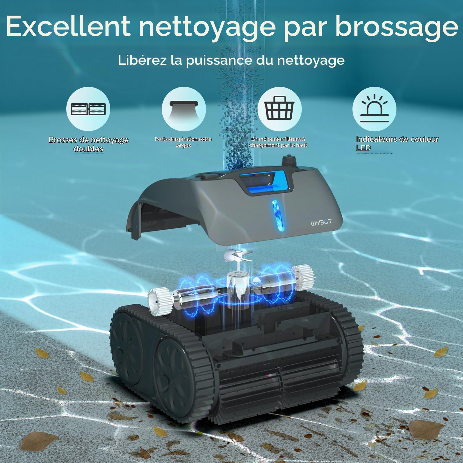 WYBOT OS7010 Max Robot Piscine Fond et Parois avec App, 210 Minutes Aspirateur Piscine, Robot Piscine sans Fil à Moteur 65 W, Cycle de Nettoyage, Grimpe Mur & Ligne d'eau,Jusqu'à 200㎡ (Gris foncé)