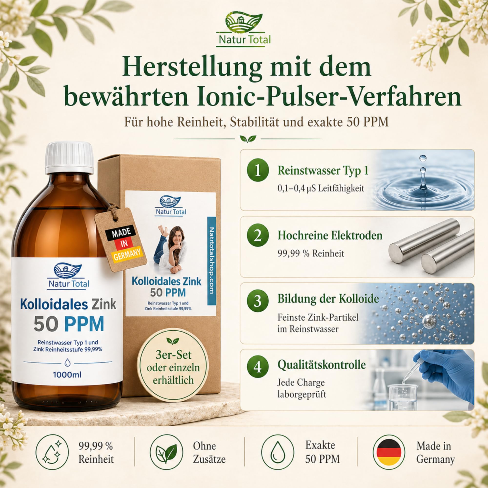 Natur Total Kolloidales Zink 50 PPM 3x1000ml XXL-Profi-Set | 3 Apotheker-Braunglasflaschen | Reinstwasser Typ 1 | 99,99% Zink | Für Pferdehöfe, Praxen & Vielnutzer | Made in Germany seit 2011