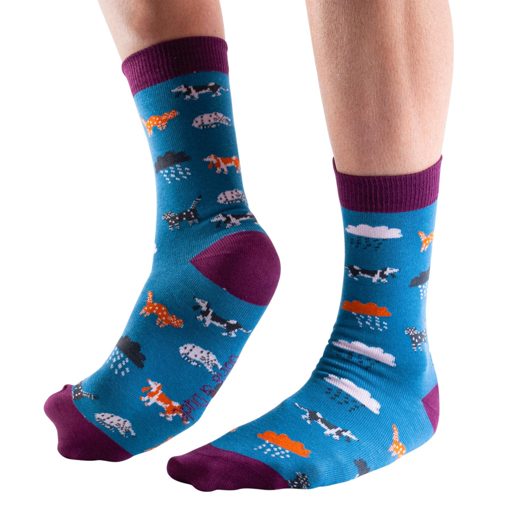 Doris & Dude Women Bamboo Crew Socks Cats Dogs 1 Pair Med 3-7 Raining Cats n' Dogs (Yellow)