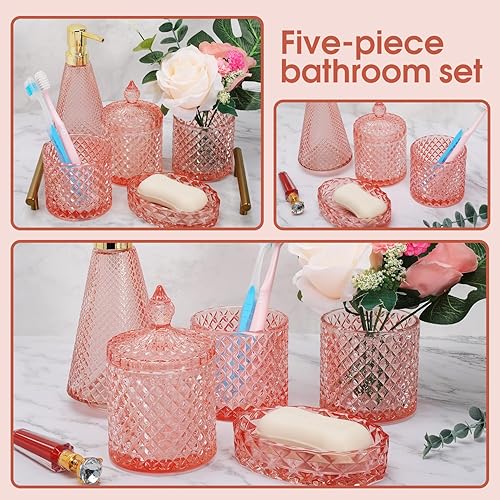 Miniatura 5 de Juego de accesorios de baño verde, 5 piezas de accesorios de baño de vidrio, dispensador de loción Dimond, jabonera, soporte para cepillos de