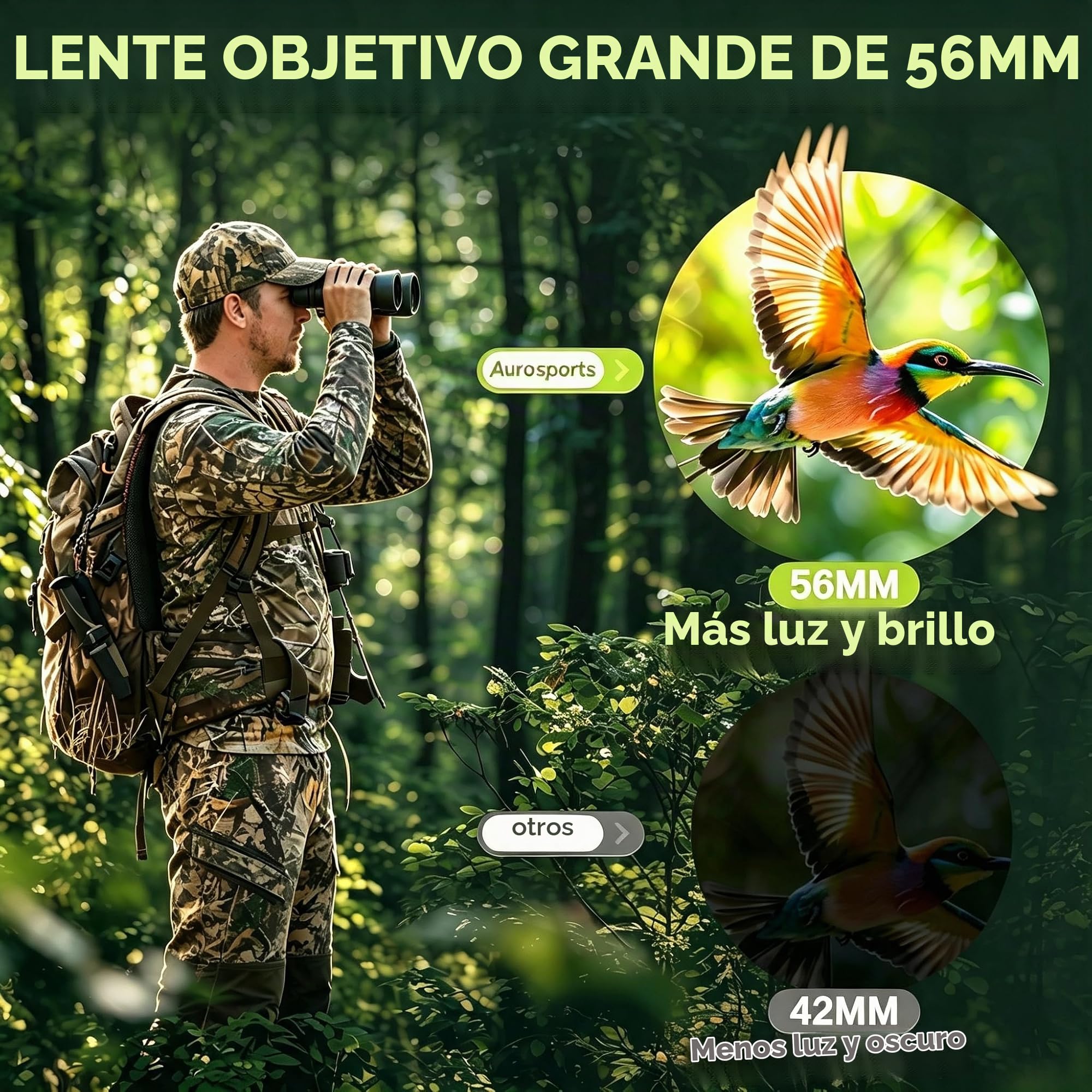 Prismáticos de 15 x 56 Pulgadas para Adultos de Alta Potencia, prismáticos Aurosports HD, visión Grande con Poca luz, Ligeros, fáciles de enfocar, observación de Aves, Caza, Senderismo, Crucero