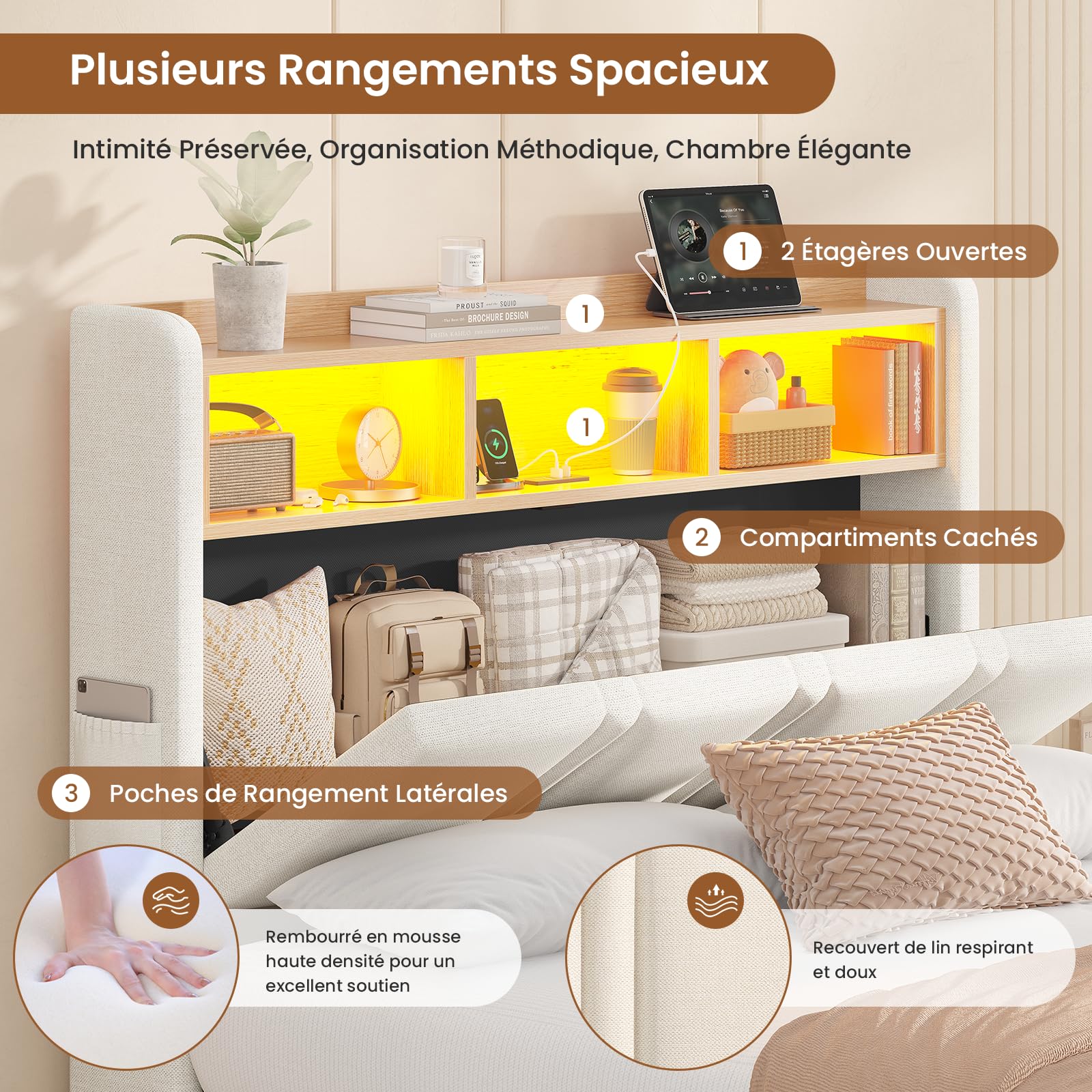 AOGLLATI Letto Singolo con Contenitore Idraulico 90x200 cm, Letto Singolo Imbottito con Ampio Spazio di Stivaggio, Struttura Letto Contenitore con Luci a LED Regolabili e Stazione di Ricarica, Beige