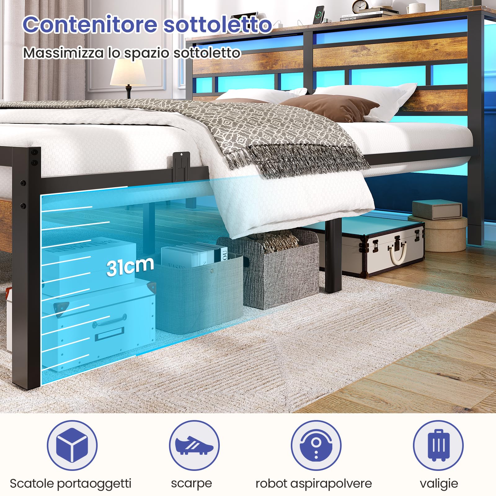 Brinlawb Letto 180x200 con base a doghe in metallo, struttura letto matrimoniale 180x200cm con illuminazione a LED e stazione di ricarica (2 prese CA, 1 porta USB e 1 porta Type-C)