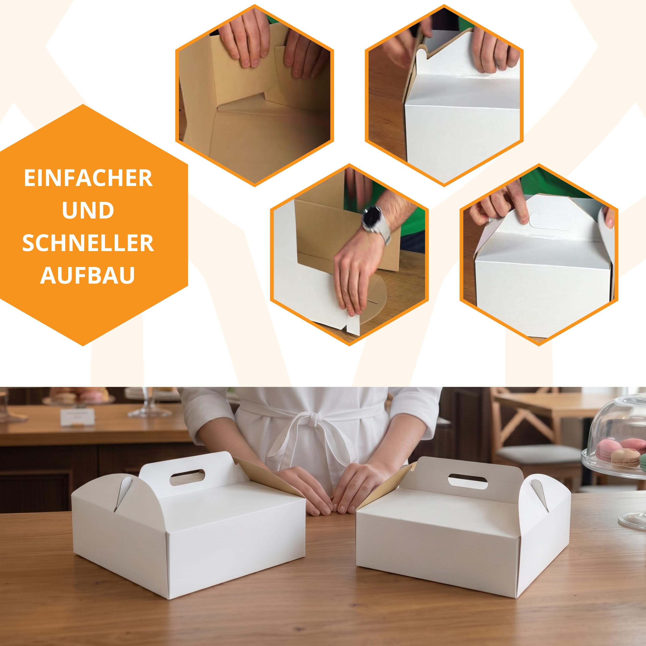KAPAK 10er Tortenkarton Weiß 21x21x8 cm - Kleine Tortenbox mit Griff - Kuchen Transportbox für Gebäck, Cupcakes & Bento Cakes - Tortentransportbox aus Wellpappe
