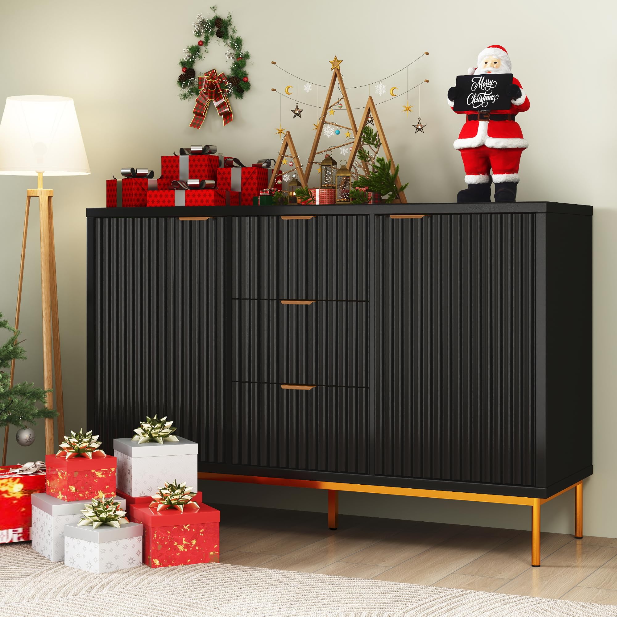 Real Relax Fluted Sideboard Cabinet, Modern Sideboard Buffet Cabinet with Storage, Coffee Bar Credenza Buffet Table with 2 Doors 3 Drawers for Kitchen