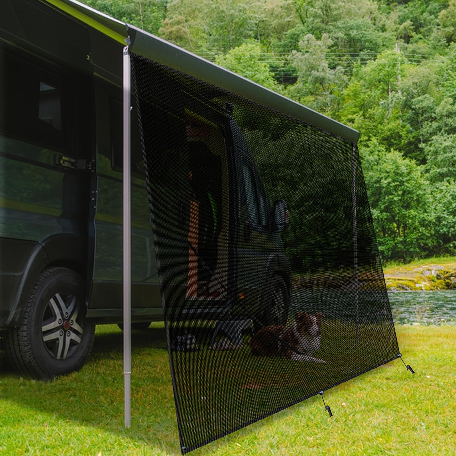 JAOGAUS Wohnmobil View Blocker Sonnenschutz, 2.4m x 3m Winddurchlässige Vorderwand für Markise, Universeller RV Markisen Sichtschutz mit Kompletten Kits, 86% Sonnenschutz, Wind und Regen