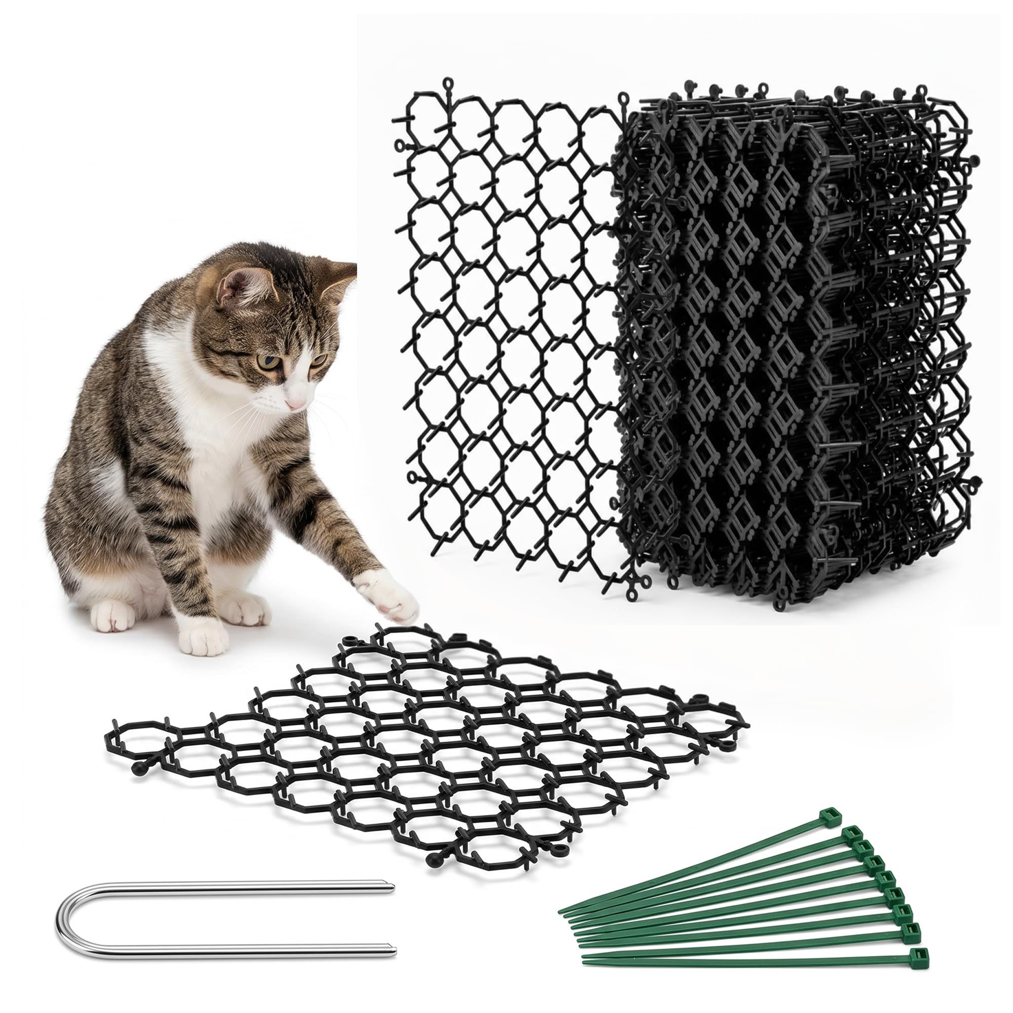 Noctra Cat Deterrent for Gardens, Cat Repellent Spikes for Gardens - 12 Plastic Spikes Prickle Strip Scat Mats, 8 U-Shaped Pegs. Stops Cats, Rabbits, Squirrels from Lawns, Flower Beds, Vegetables