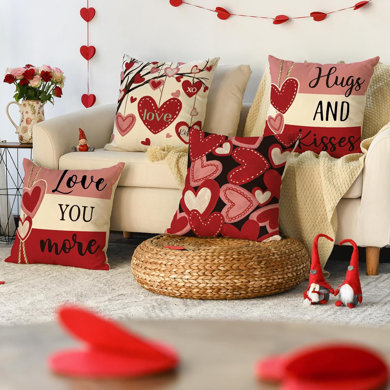 AVOIN colorlife Valentine's Day Hugs and Kisses Love You More Throw Pillow Covers, 20 x 20 Inch Valentine Heart Stripes Wedding Cushion Case Decoration for Sofa Couch Set of 4